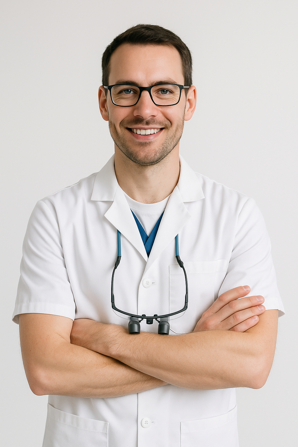 Image of Image of a male denstist with glasses wearing a white lab coat smiling to the camera.
