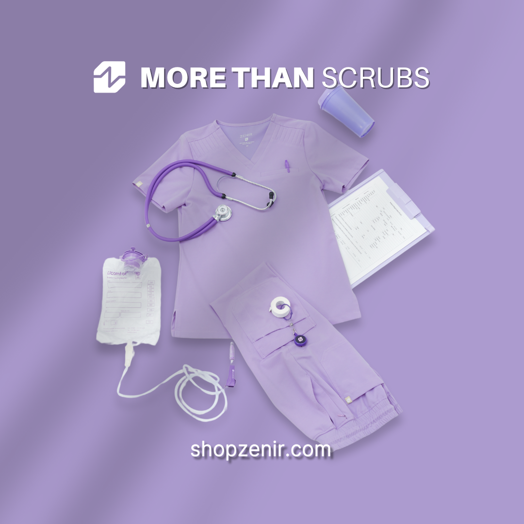 Image of Lavender scrub top and scrub bottom placed on a  lavender background, with Zenir phrase 