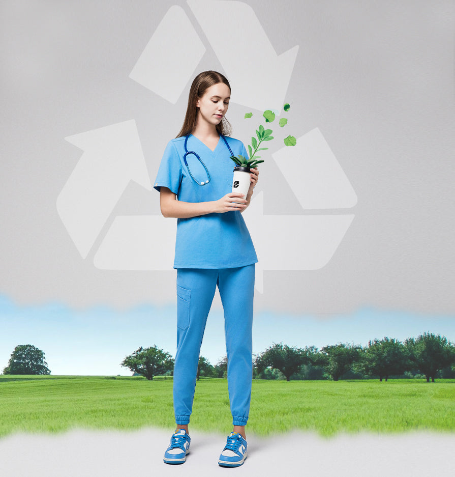 Image of Women in a Ceil Blue Scrub Top and Scrub bottom, stethoscope around her neck standing in an open field with a recycling symbol behind.