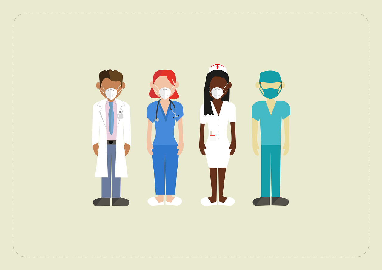 Animated image of a doctor with a white lab coat, a nurse wearing blue scrub tops and pants, nurse wearing a white scrub top and skirt, and a surgeon.