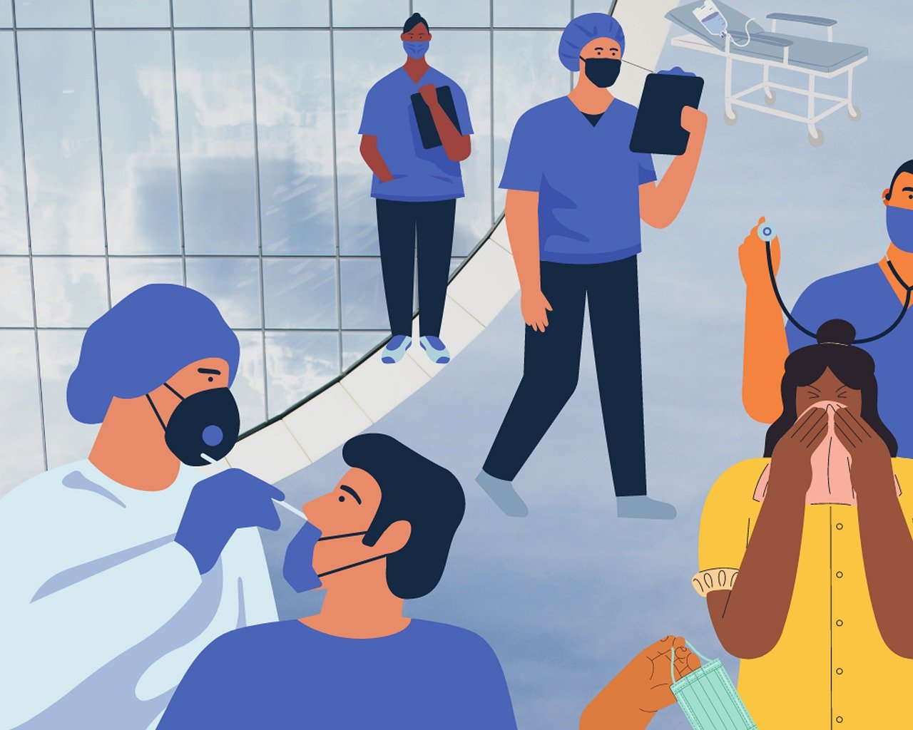 Image of Scene of healthcare professionals in blue scrubs wearing masks, with one doctor administering a swab test.