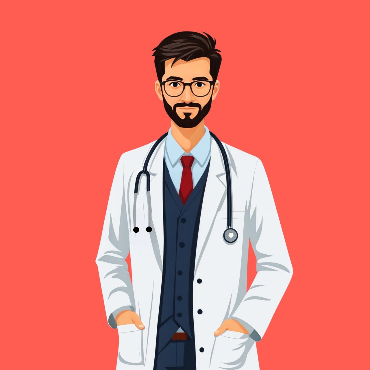 Image of Animated male doctor wearing a white lab coat, suit, and a stethoscope with a beard and glasses, standing in front of a orange background.