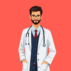 Image of Animated male doctor wearing a white lab coat, suit, and a stethoscope with a beard and glasses, standing in front of a orange background.