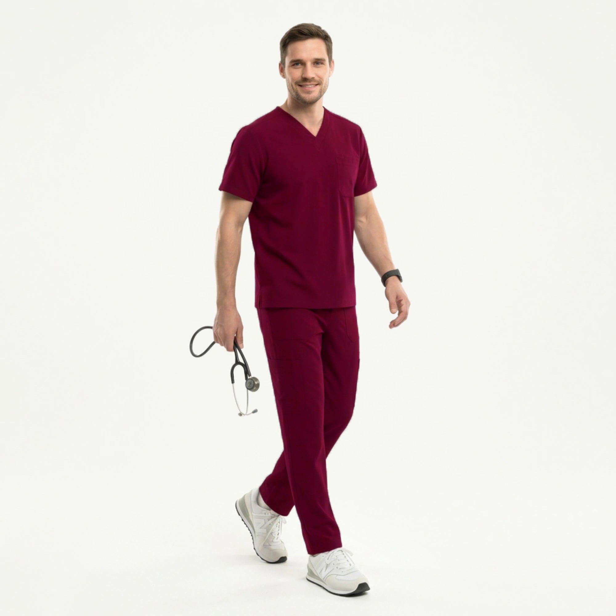 Image of Man wearing a burgundy V-neck scrub top layered over a white long-sleeve undershirt, paired with matching scrub pants and white sneakers,Burgundy