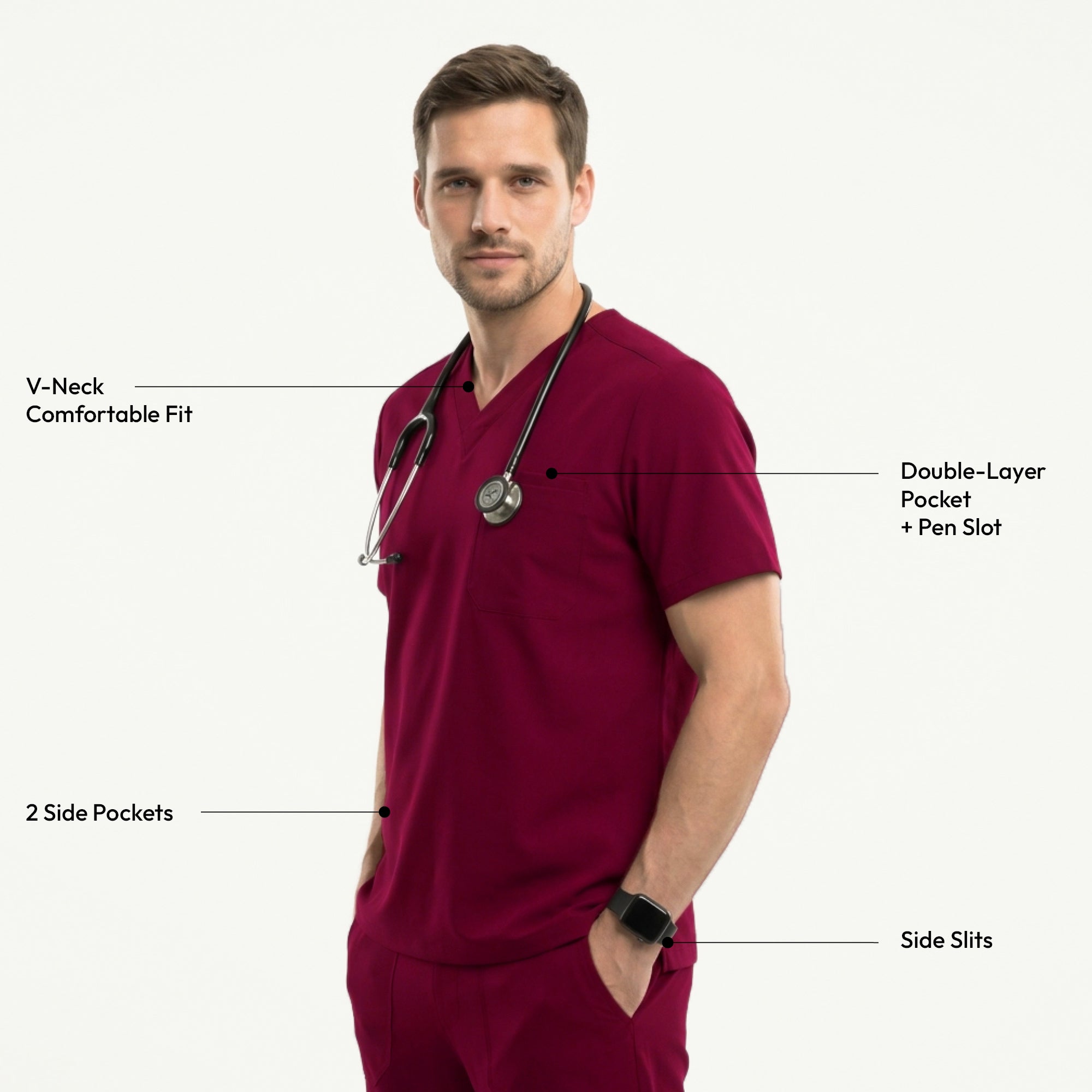Image of Close-up of a burgundy V-neck scrub top featuring a chest pocket with badge holder and pen, paired with matching scrub pants,Burgundy