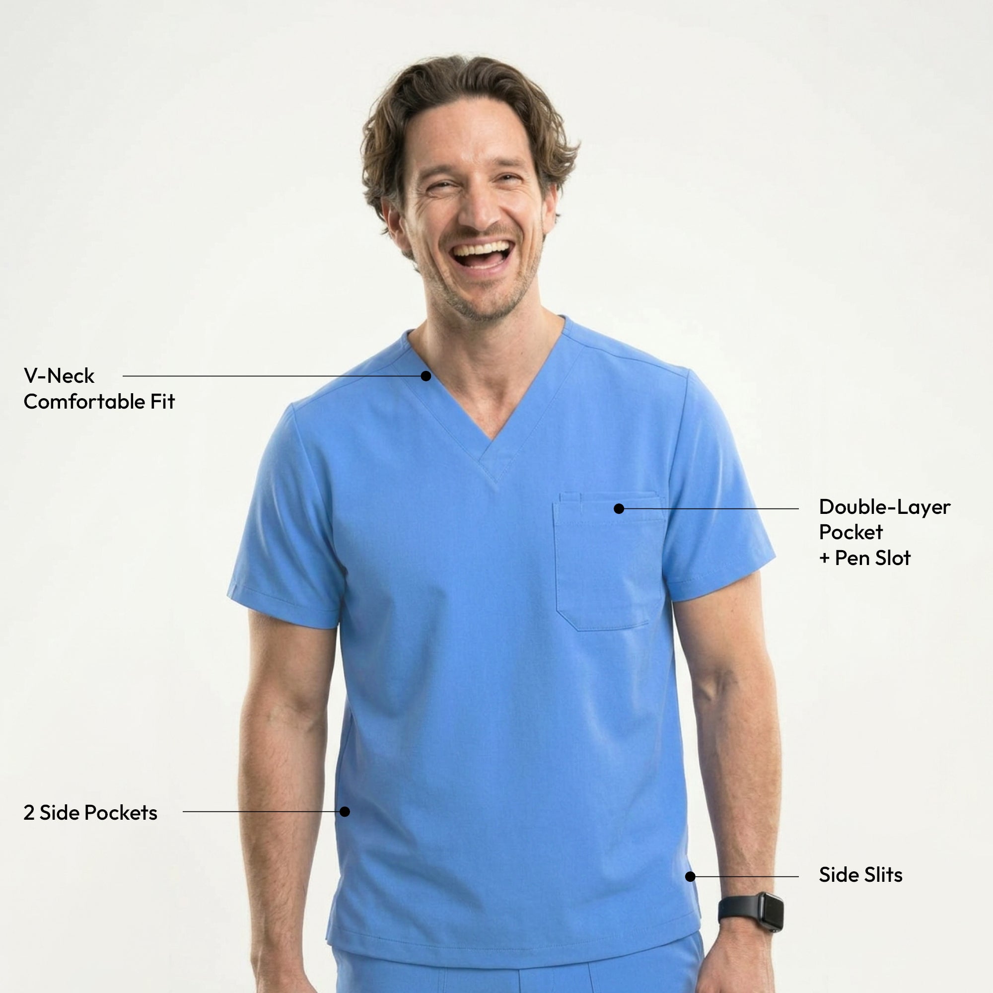Image of Male model wearing a ceil blue V-neck scrub top with a chest pocket holding a pen, paired with matching scrub pants, designed for a professional medical setting,Ceil Blue