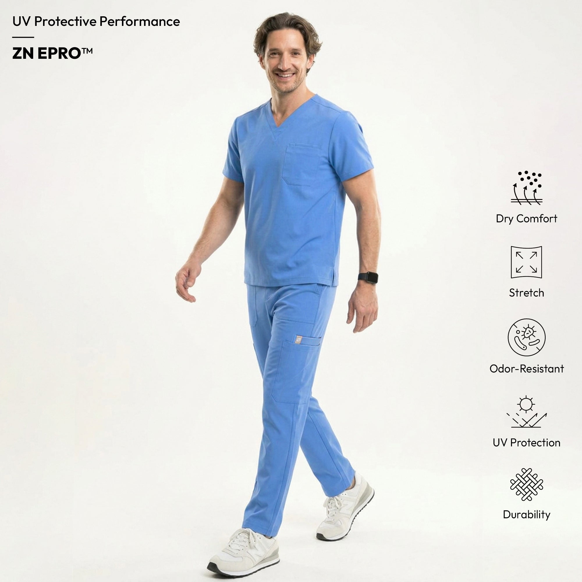 Image of Male model wearing a ceil blue V-neck scrub set with a chest pocket, holding a yellow stethoscope, and an ID badge clipped to the top, showcasing a professional medical uniform,Ceil Blue