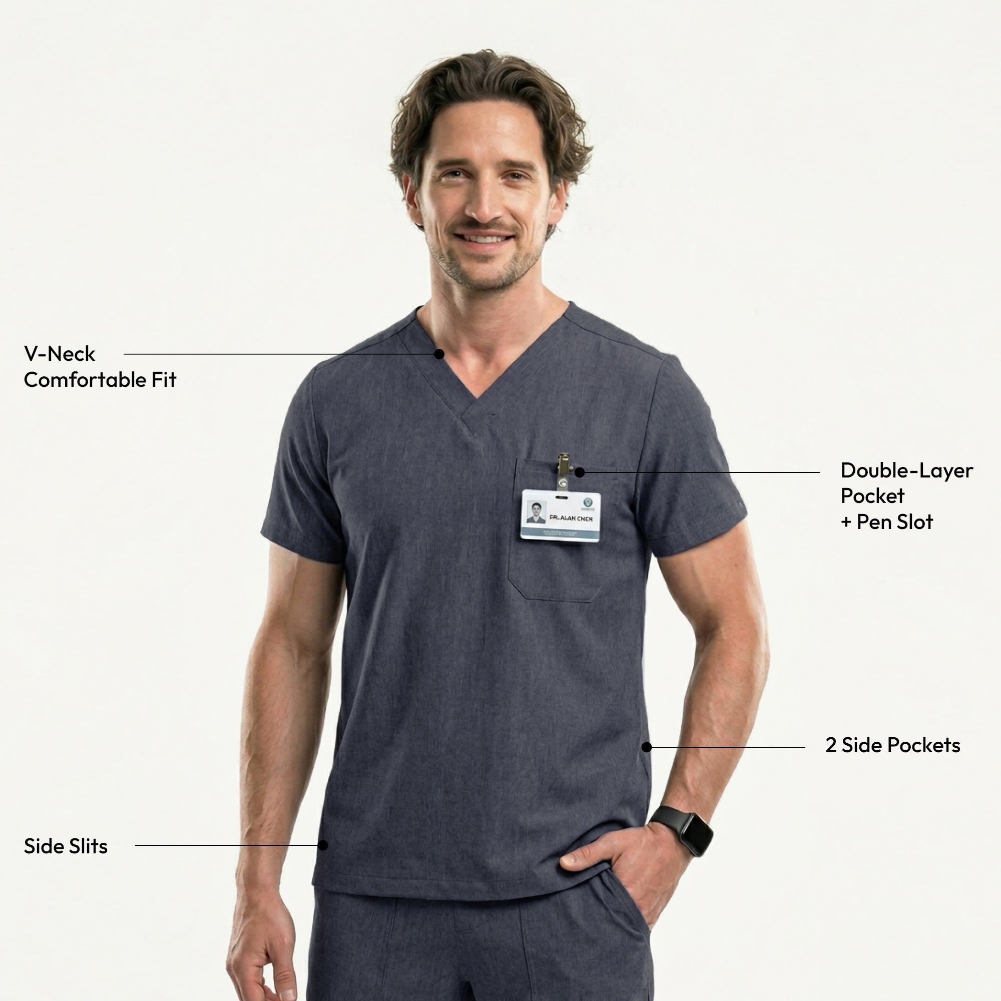 Image of Male healthcare professional in charcoal gray scrub top and pants, standing in side profile with one hand in pocket,Charcoal-Gray