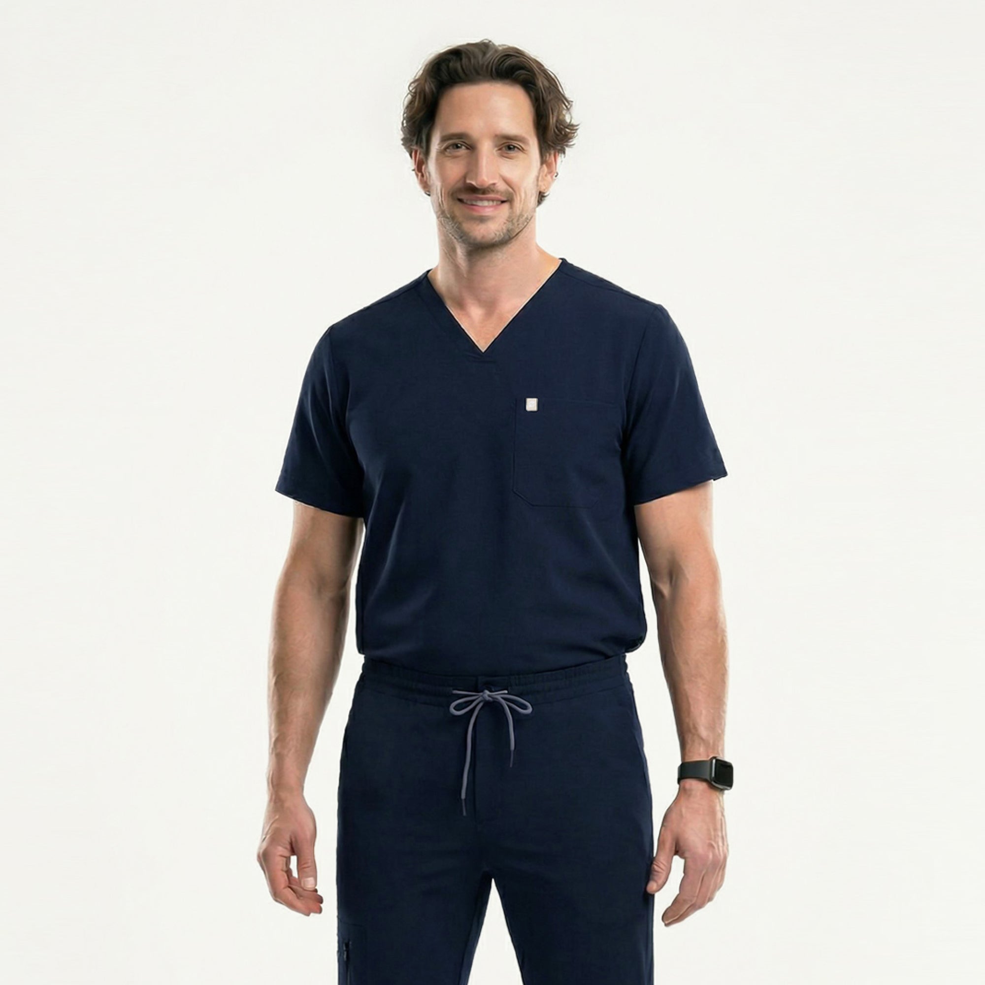 Image of Men's navy scrub top with a single pocket, designed for medical professionals,Eco Navy