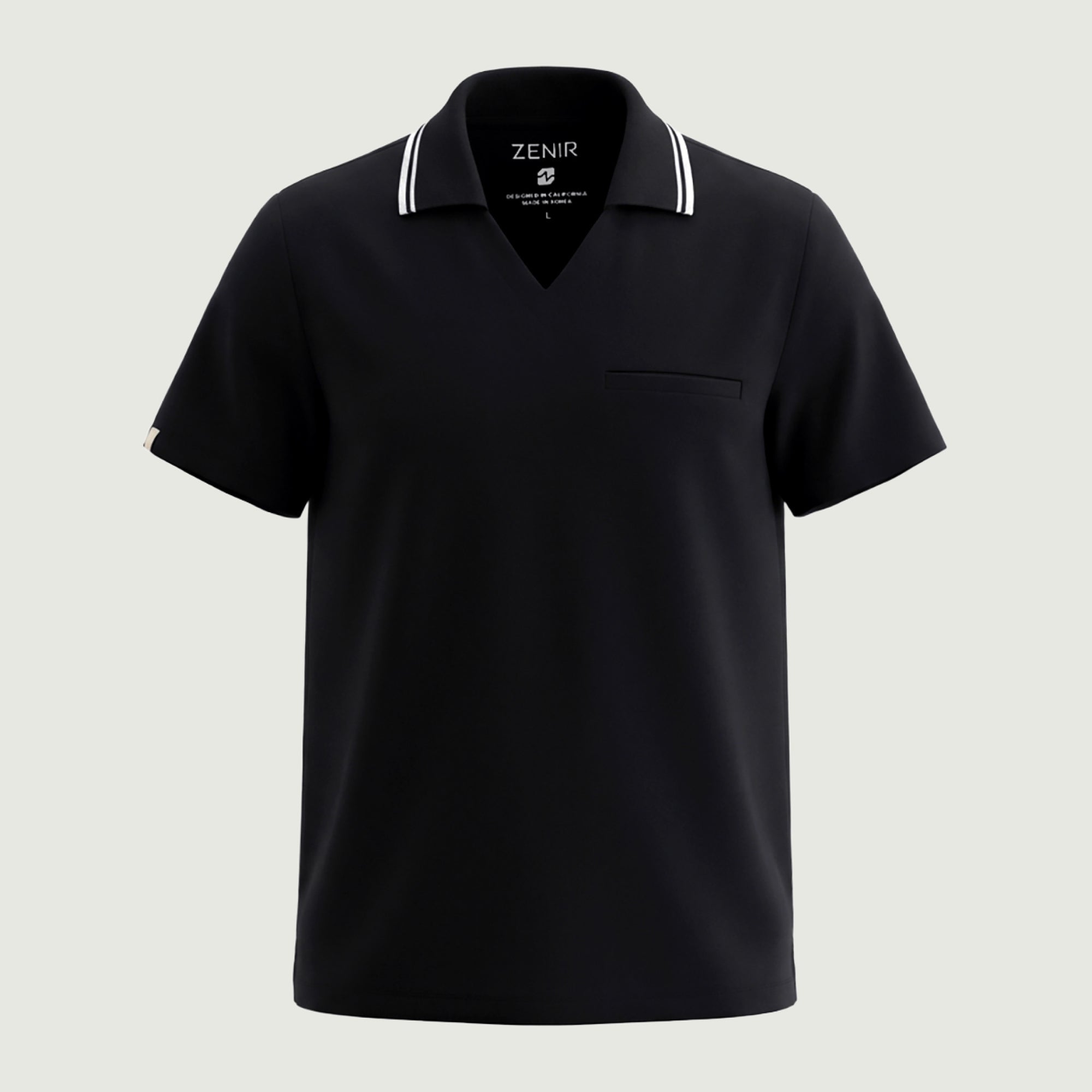 Image of Male model showcasing the jet black performance polo scrub top with a striped collar, focusing on fit and design,Jet Black