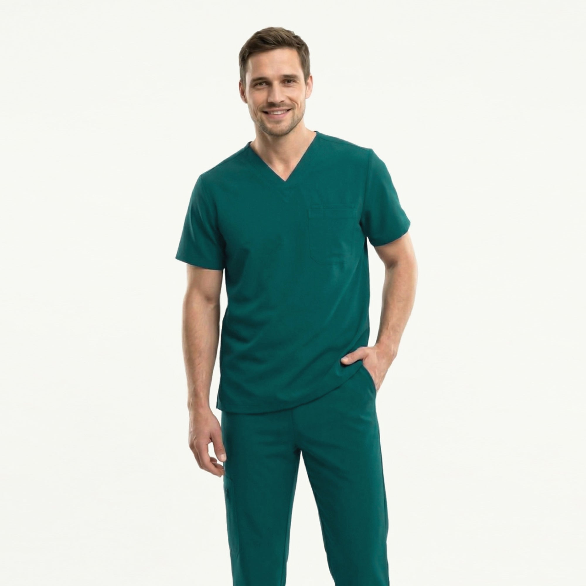 Image of Zenir | Men's 3-Pocket Scrub Top - Pine Green