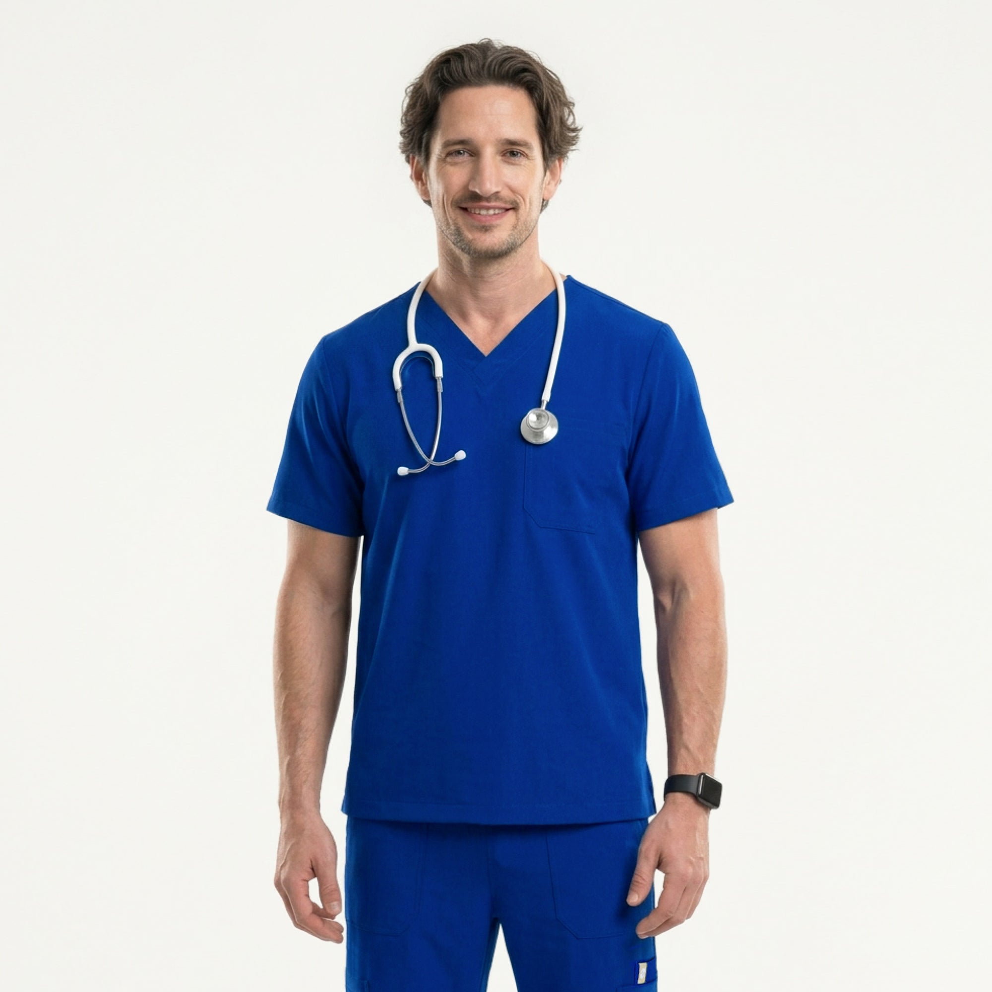Image of Close-up of a royal blue scrub top pocket with a person placing a smartphone inside,Royal Blue