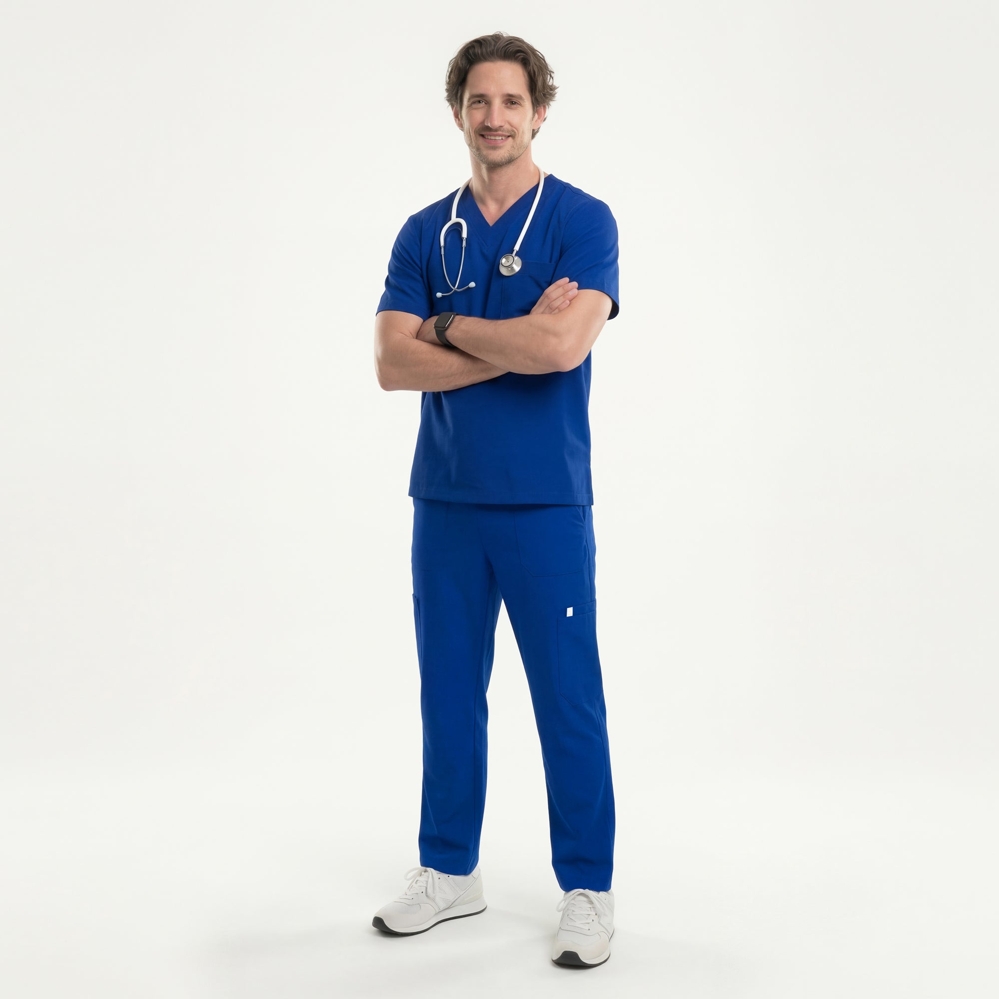 Image of Man dressed in a royal blue V-neck scrub top and matching pants, holding a light blue duffel bag and wearing a stethoscop,Royal Blue