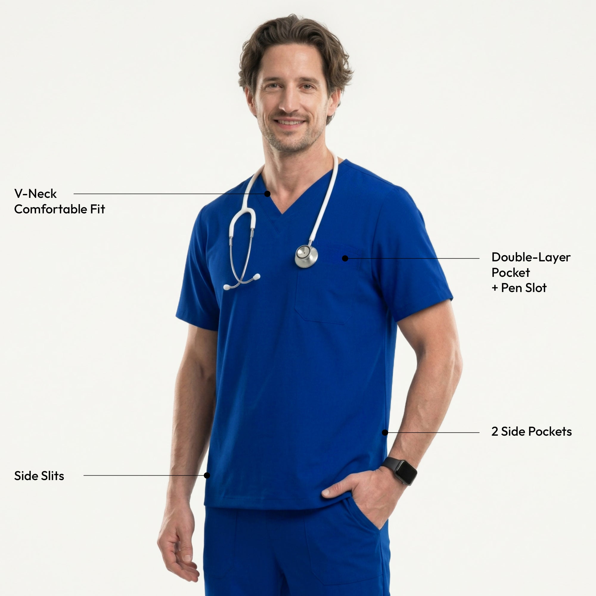 Image of Man in a royal blue V-neck scrub top with a white stethoscope around his neck, paired with matching pants, hands in pockets,Royal Blue