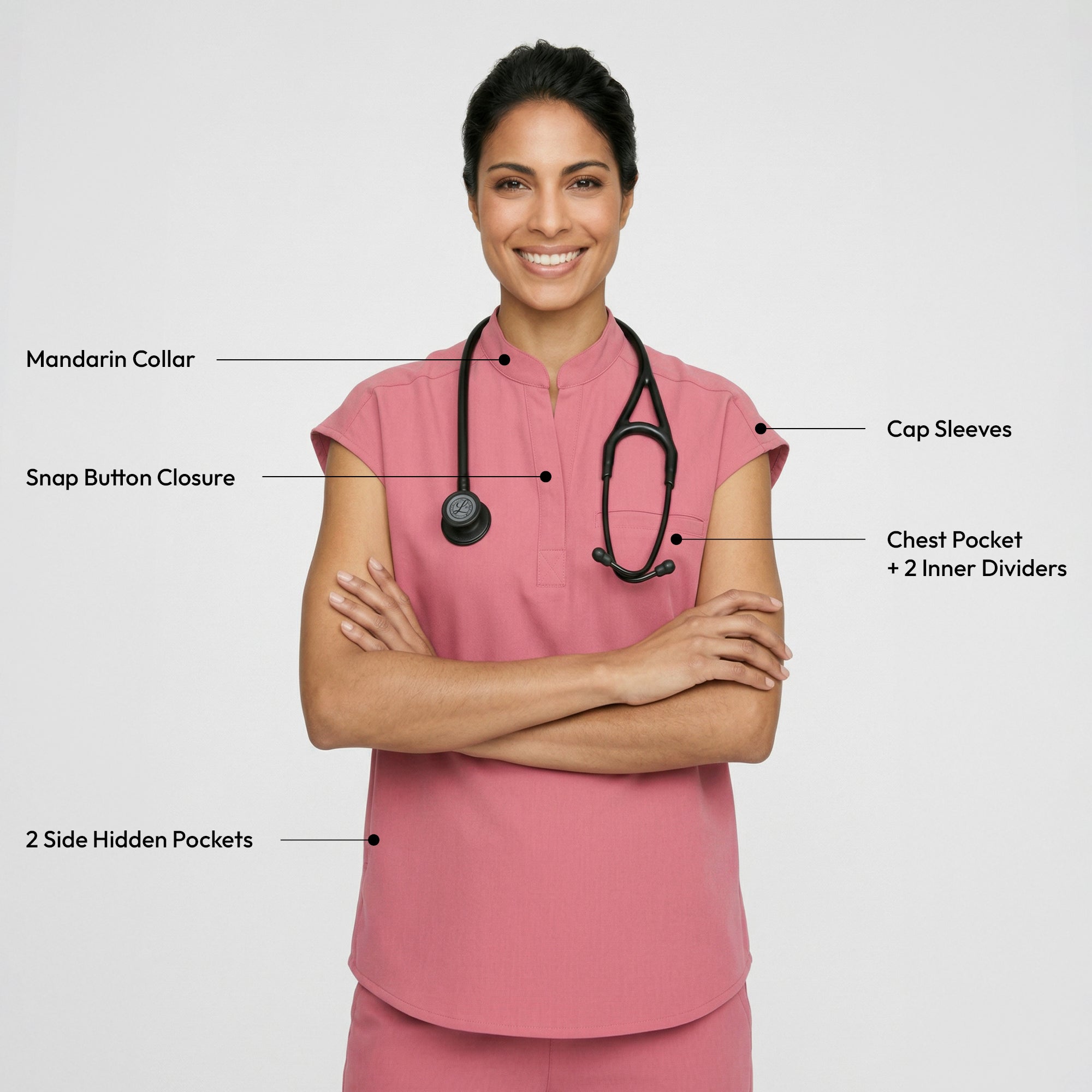 Image of Zenir | Women's Mandarin Collar Scrub Top - Coral Pink