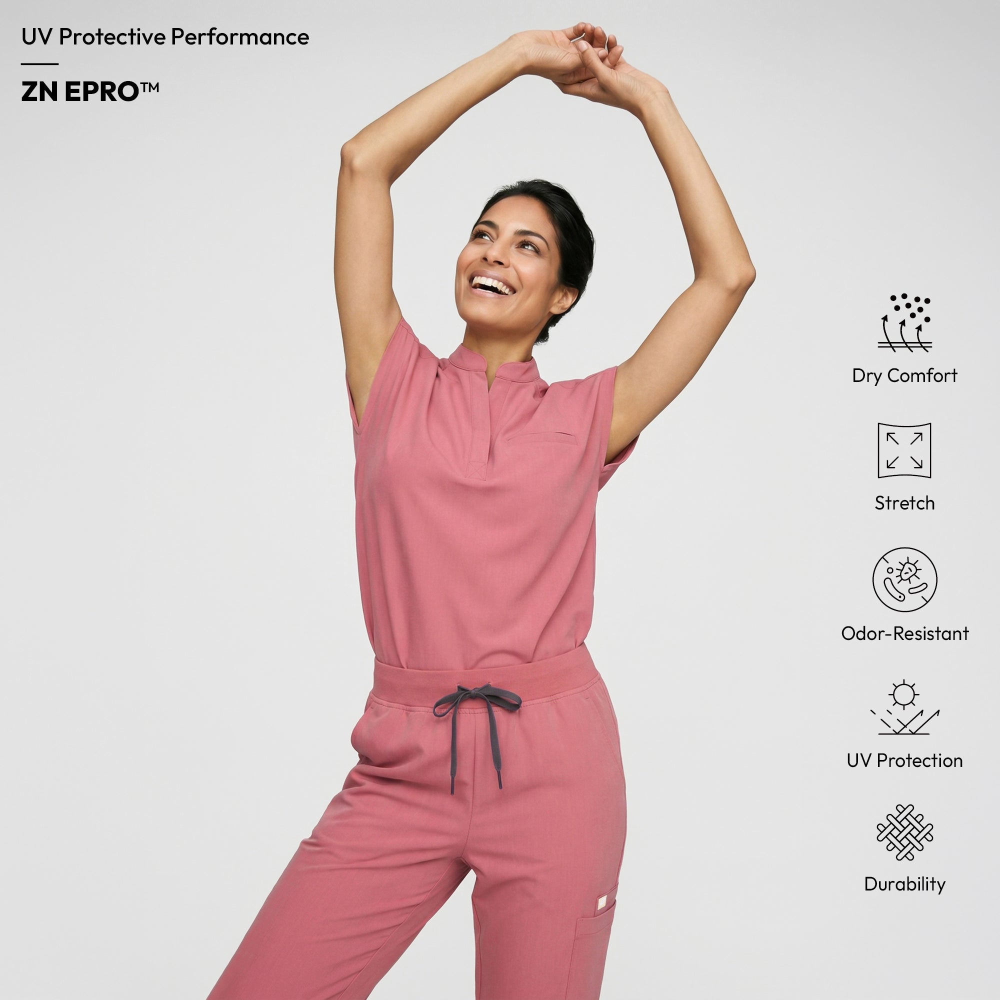 Image of Zenir | Women's Mandarin Collar Scrub Top - Coral Pink
