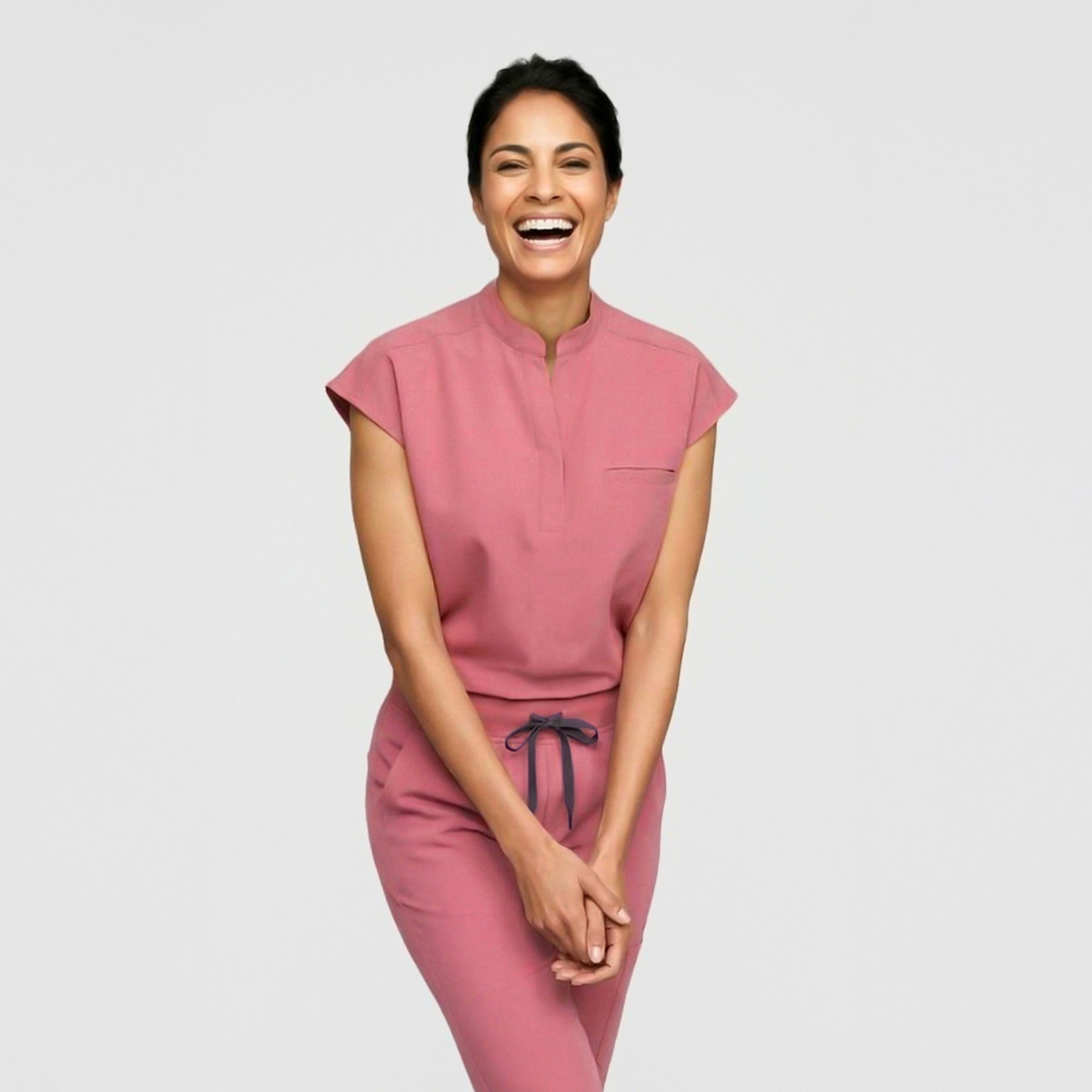 Image of Zenir | Women's Mandarin Collar Scrub Top - Coral Pink