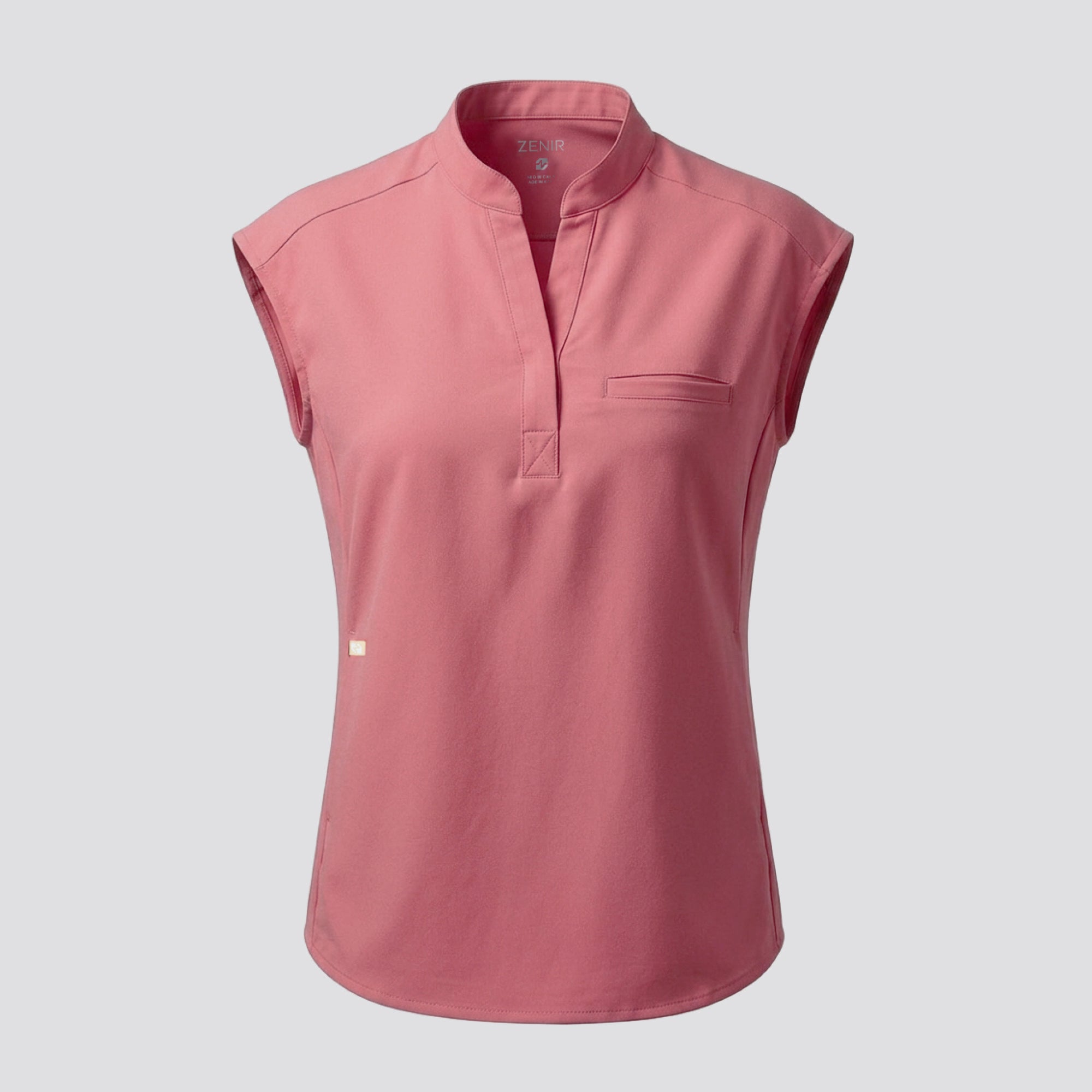 Image of Zenir | Women's Mandarin Collar Scrub Top - Coral Pink