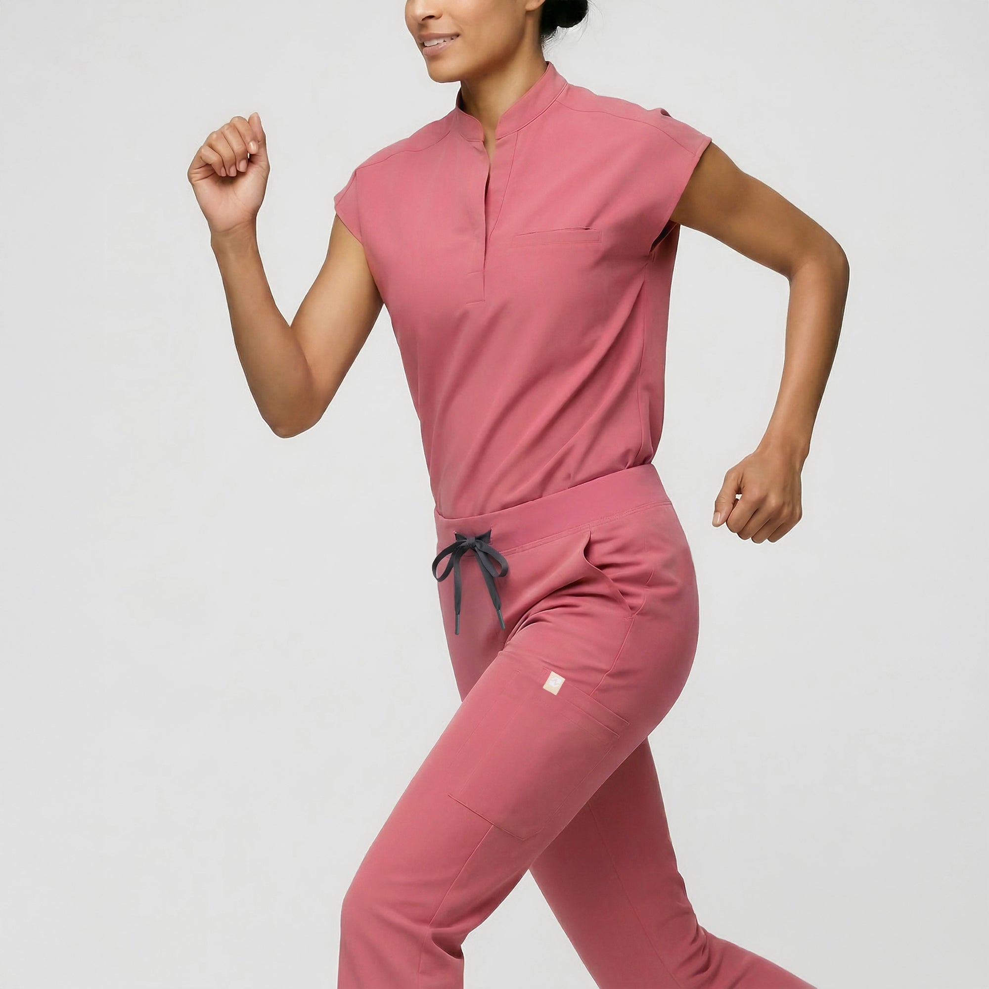 Image of Zenir | Women's Mandarin Collar Scrub Top - Coral Pink