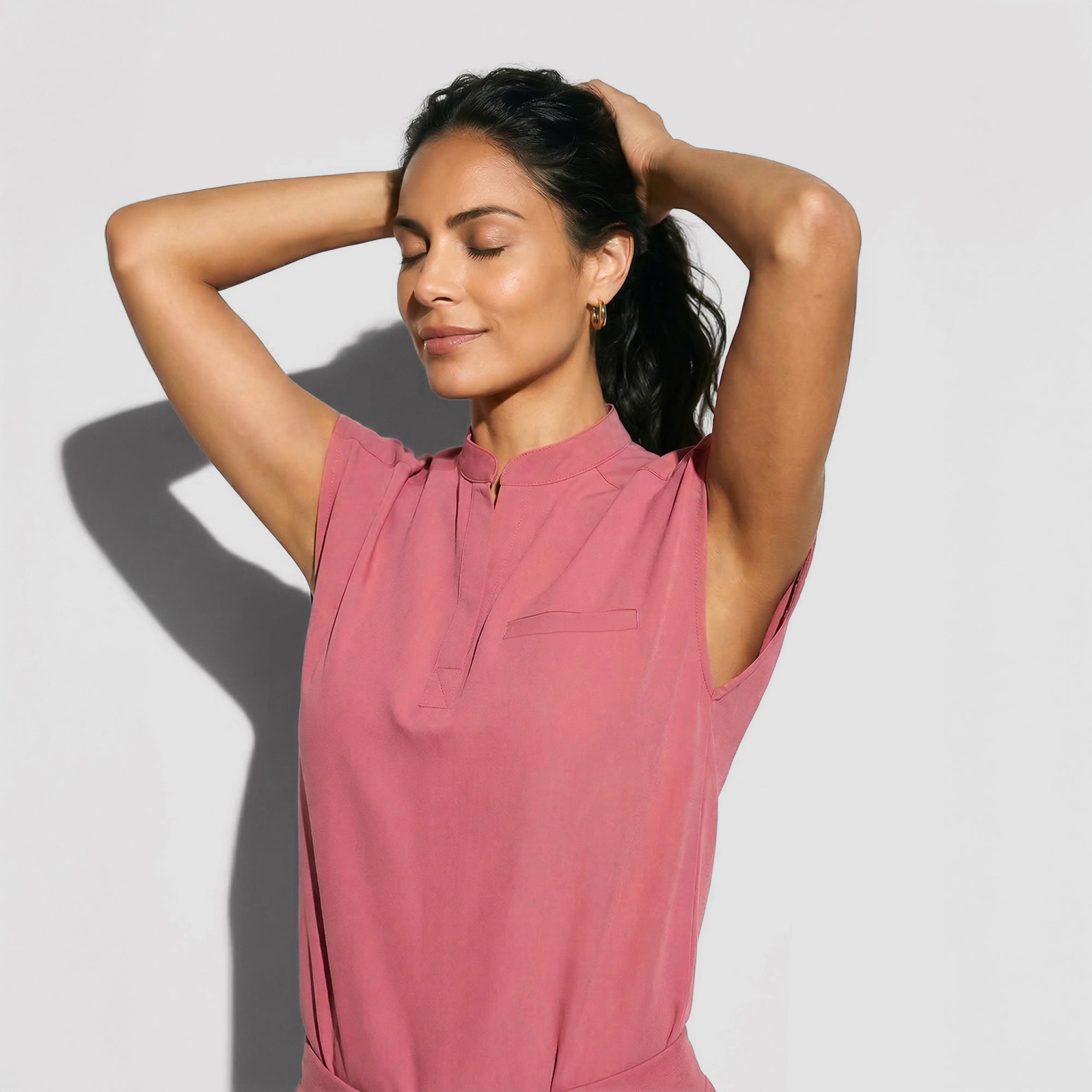 Image of Zenir | Women's Mandarin Collar Scrub Top - Coral Pink