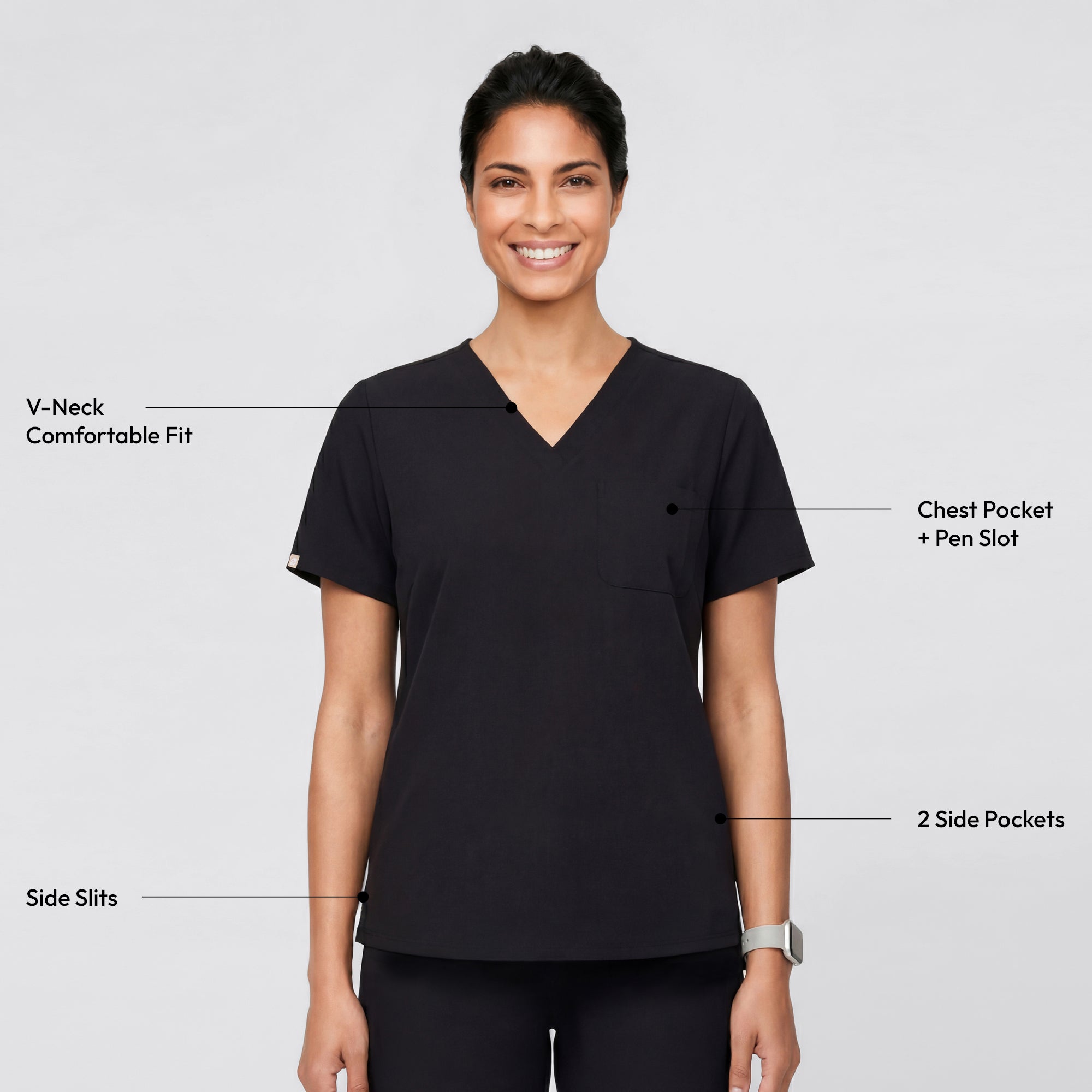 Zenir | Women's 3-Pocket Scrub Top - Eco Black