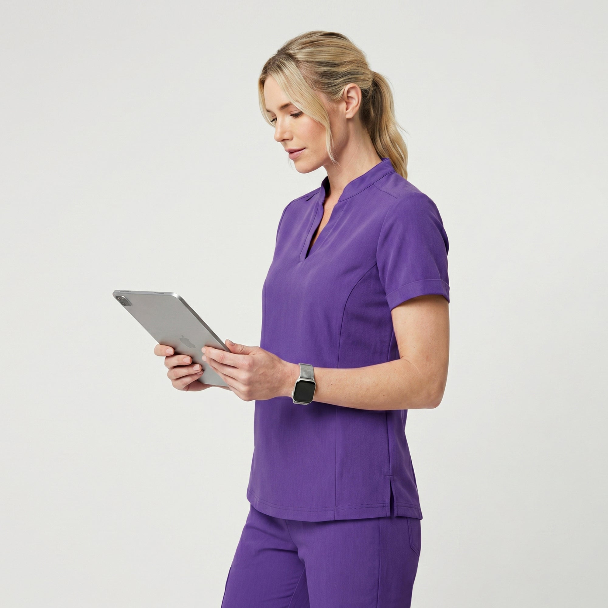 Image of Zenir | Women's Soft Stretch Notched Scrub Top - Eggplant