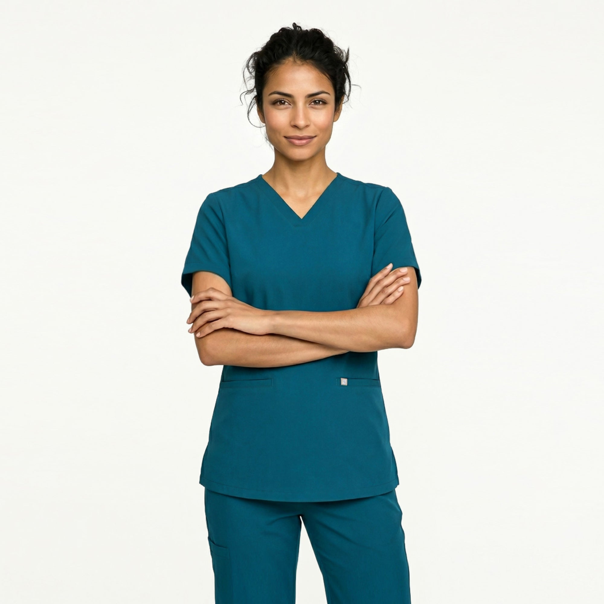 Image of Ocean teal Women's Double Pocket Scrub Top with matching ocean teal scrub pants,Ocean teal