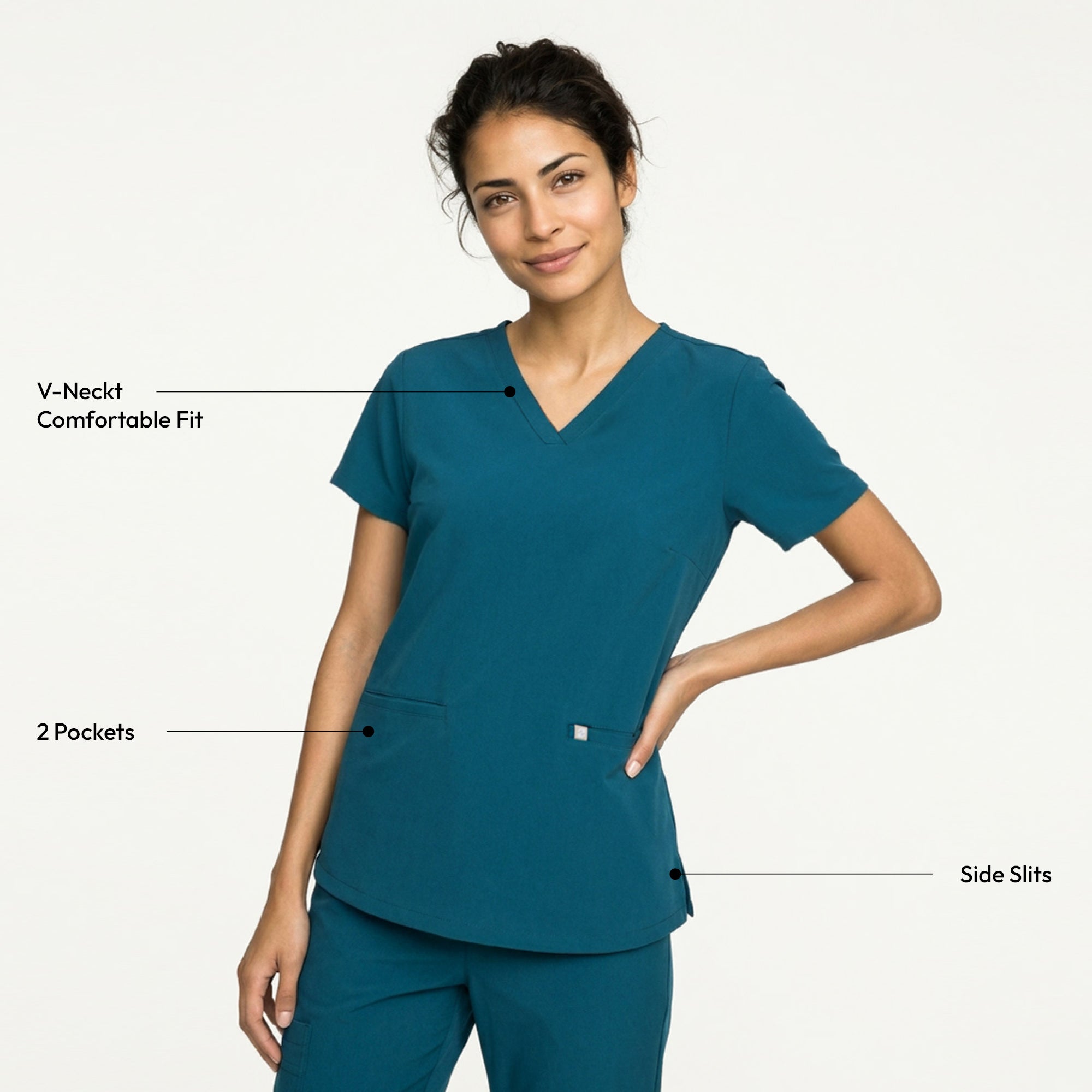 Image of Ocean teal Women's Double Pocket Scrub Top with matching ocean teal scrub pants,Ocean teal