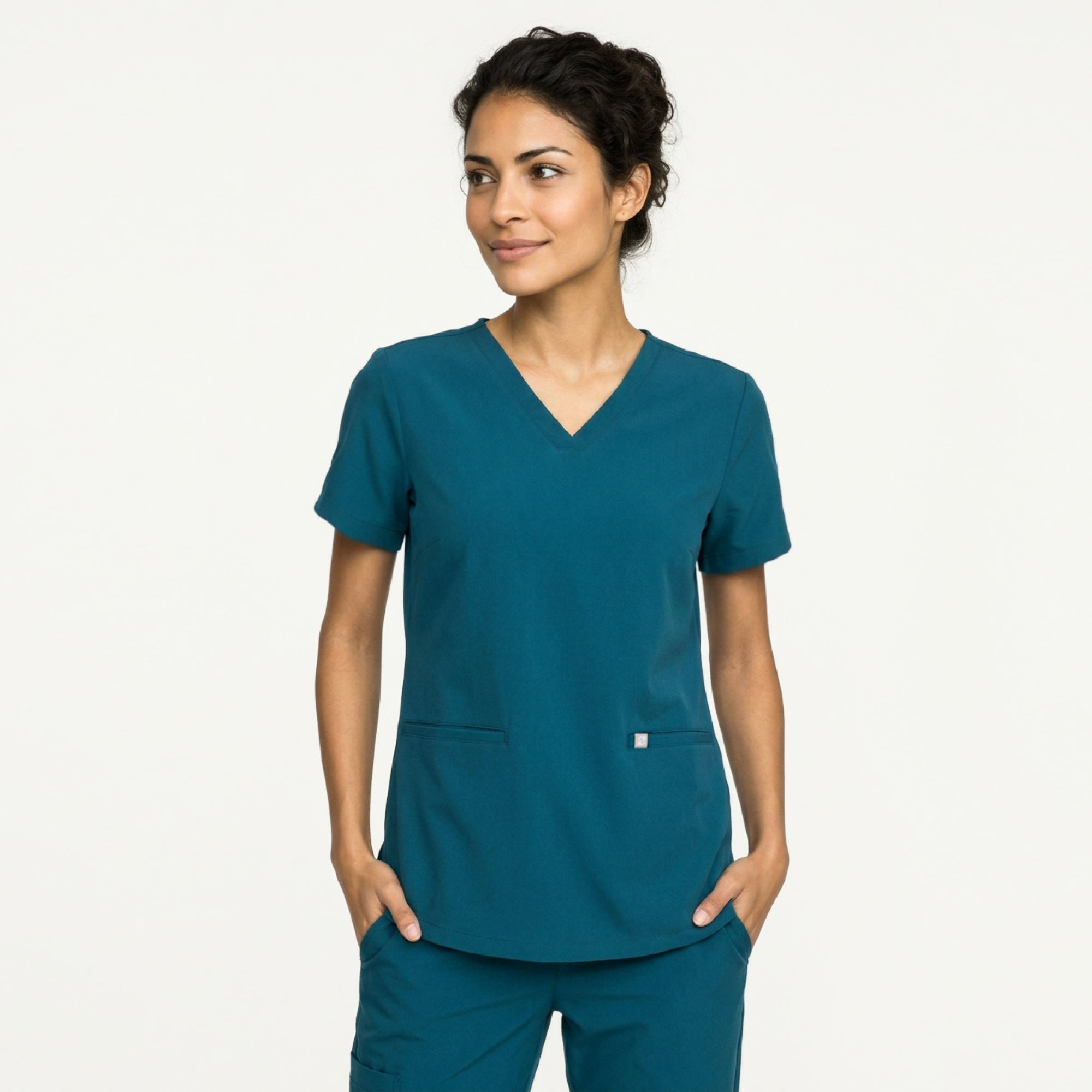 Image of Ocean teal Women's Double Pocket Scrub Top with matching ocean teal scrub pants,Ocean teal