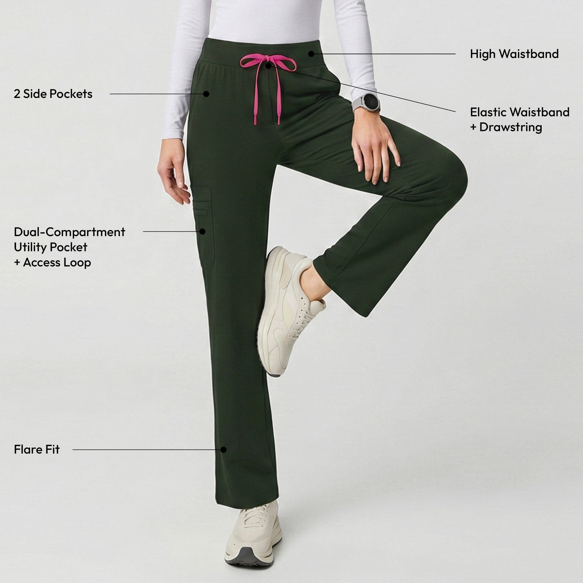 Image of Zenir | Women's Soft Stretch High Waisted Flare Scrub Pants - Olive Green