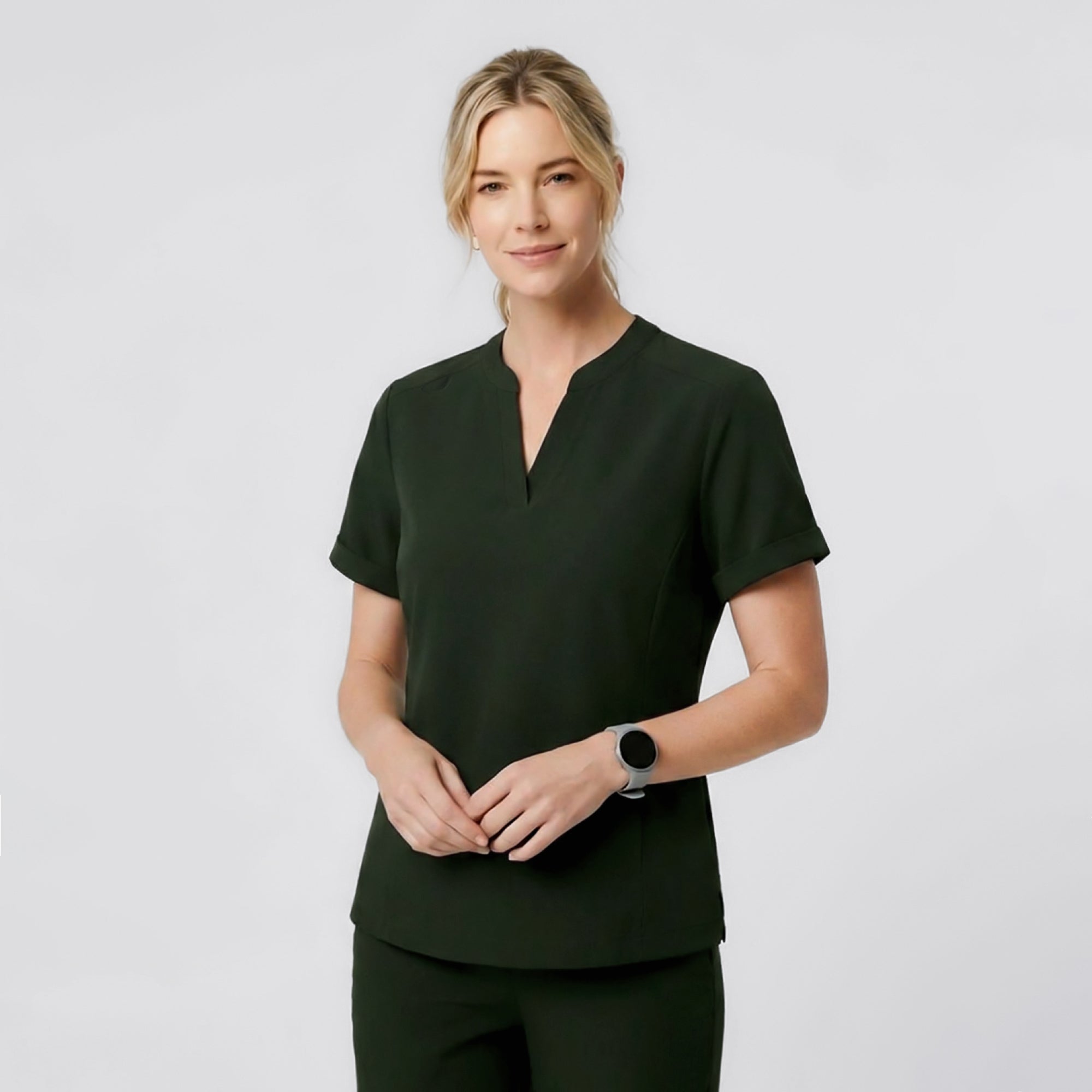 Image of Zenir | Women's Soft Stretch Notched Scrub Top - Olive Green