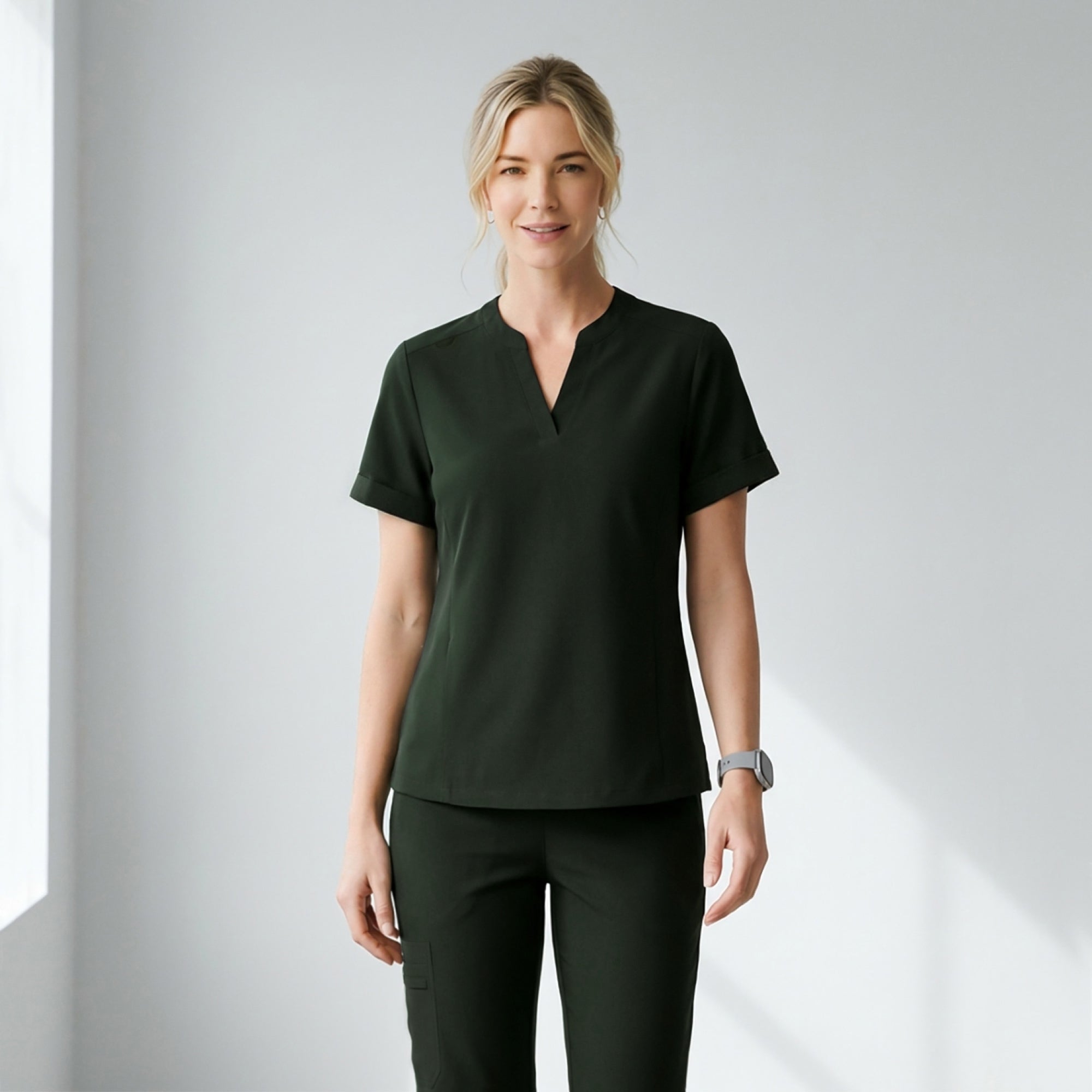 Image of Zenir | Women's Soft Stretch Notched Scrub Top - Olive Green
