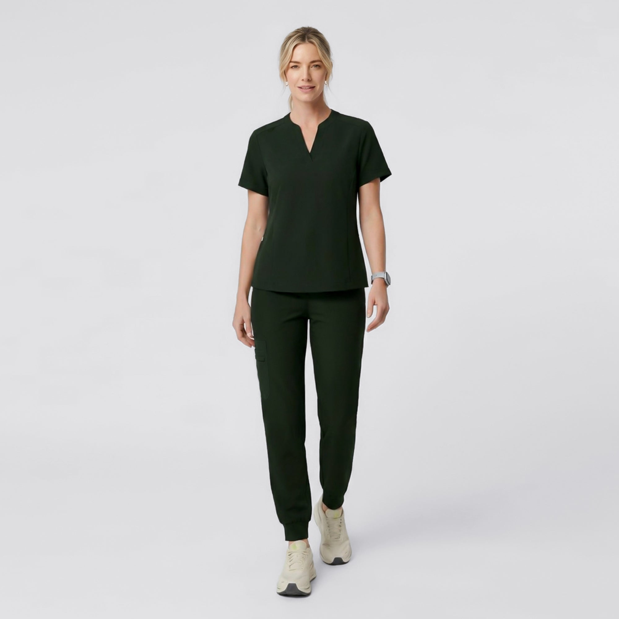 Image of Zenir | Women's Soft Stretch Notched Scrub Top - Olive Green