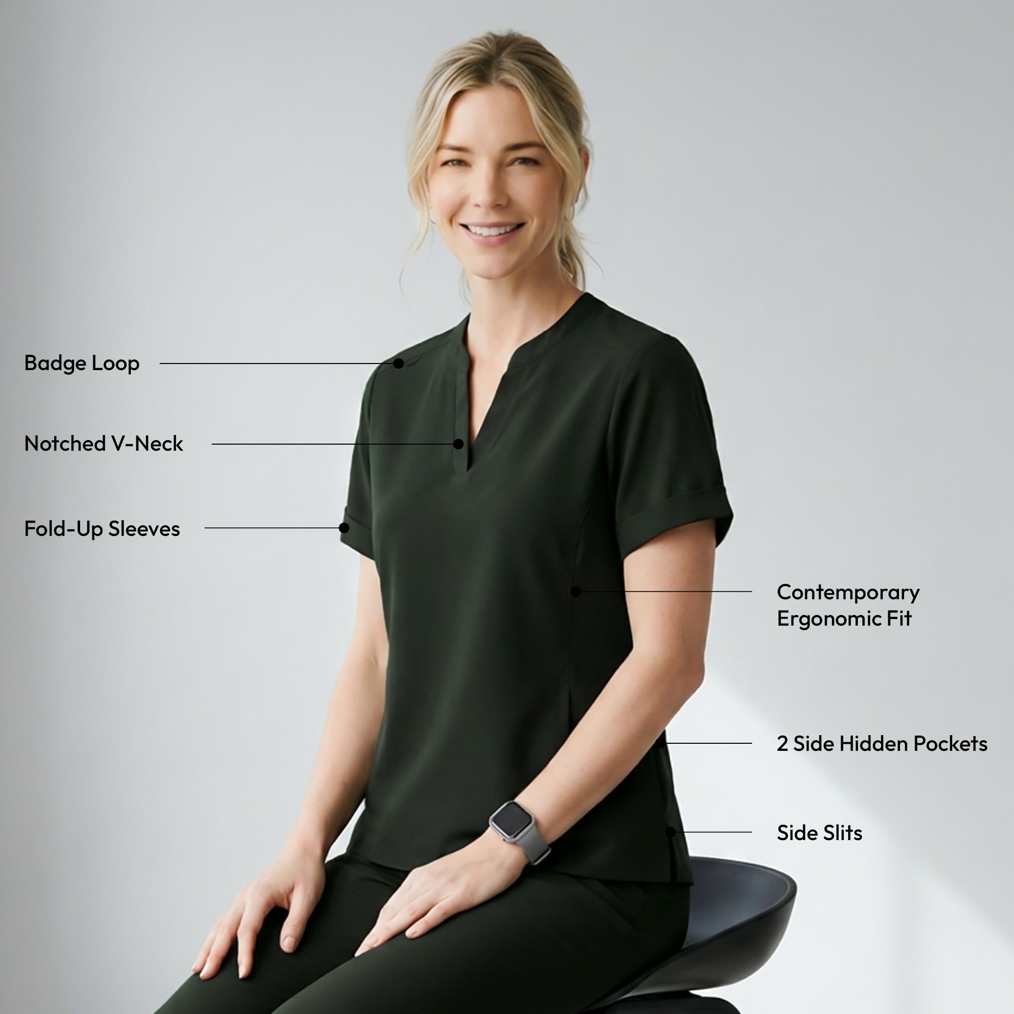 Image of Zenir | Women's Soft Stretch Notched Scrub Top - Olive Green
