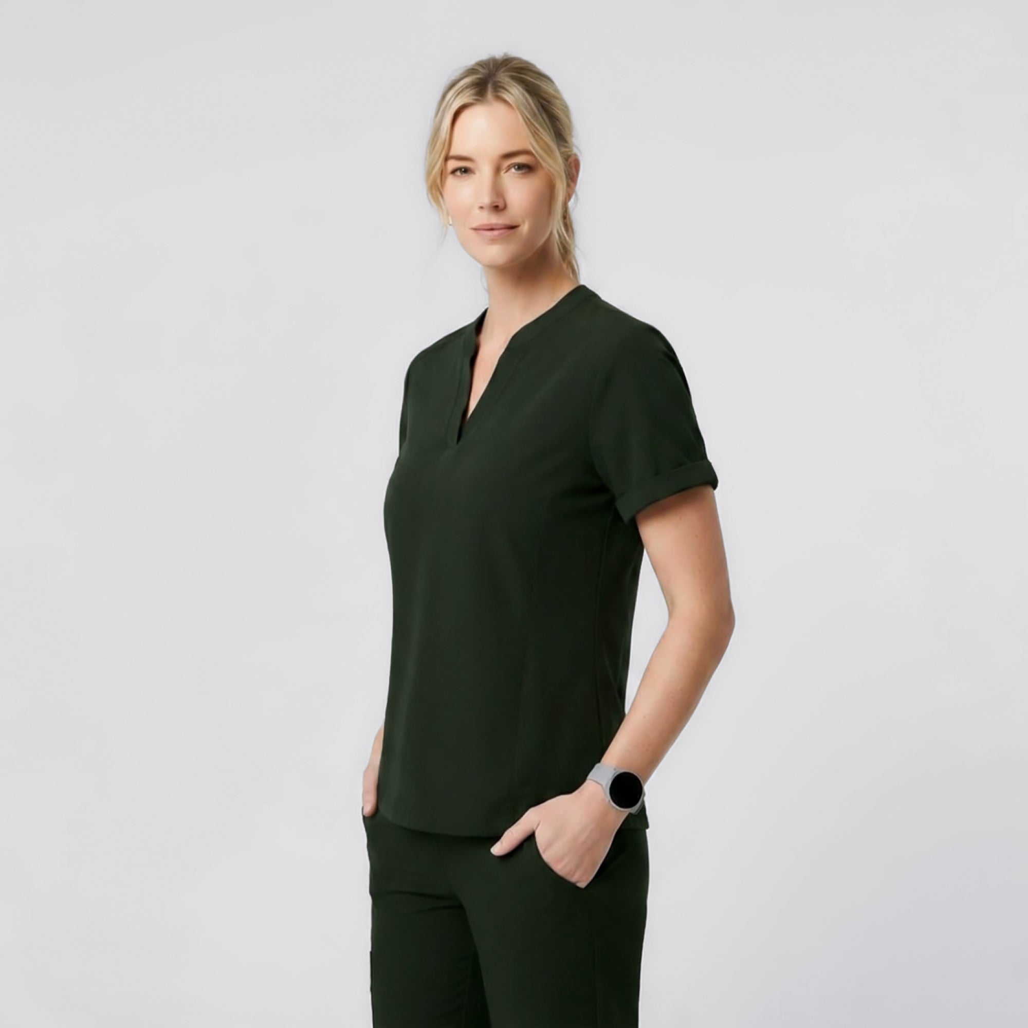 Image of Zenir | Women's Soft Stretch Notched Scrub Top - Olive Green