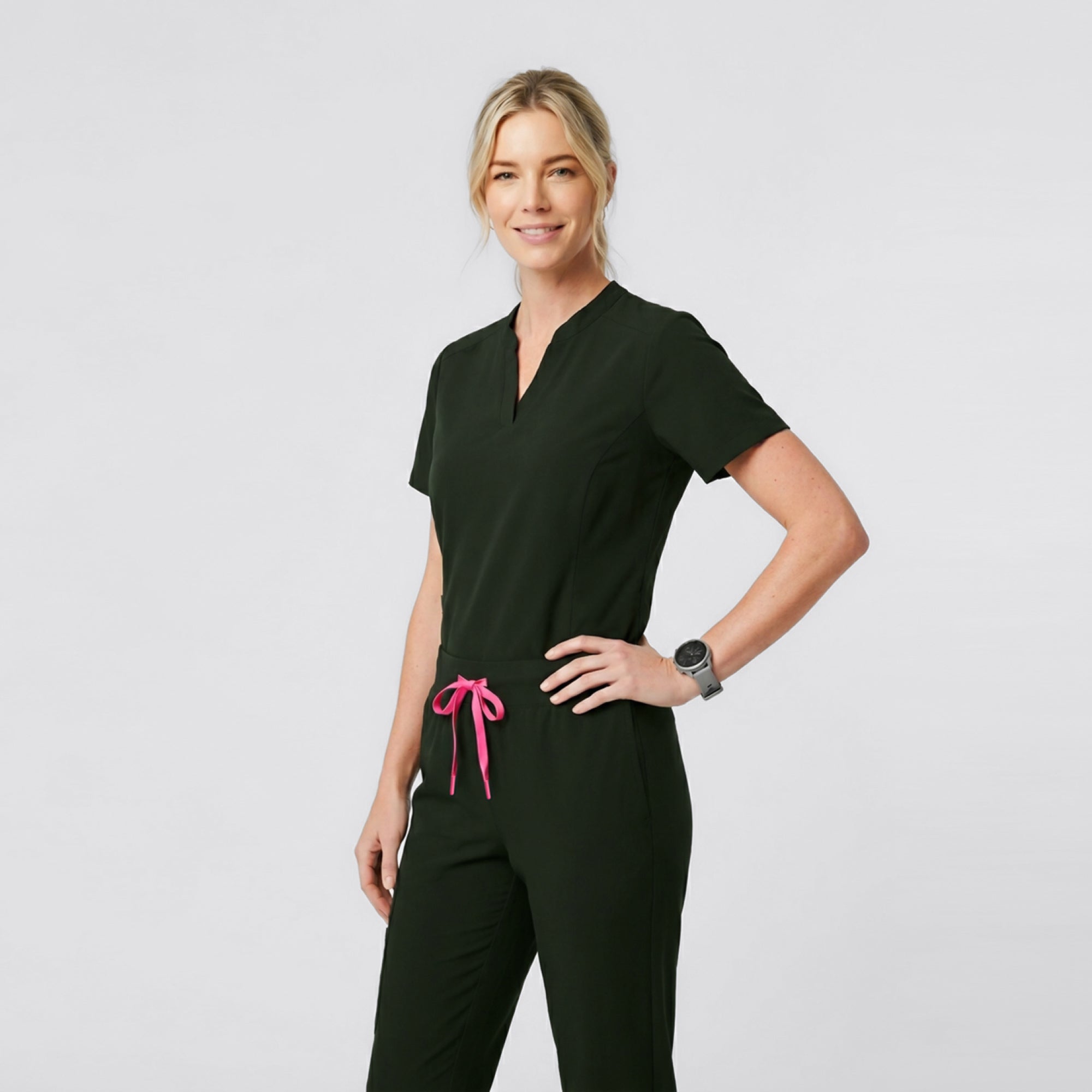 Image of Zenir | Women's Soft Stretch Notched Scrub Top - Olive Green