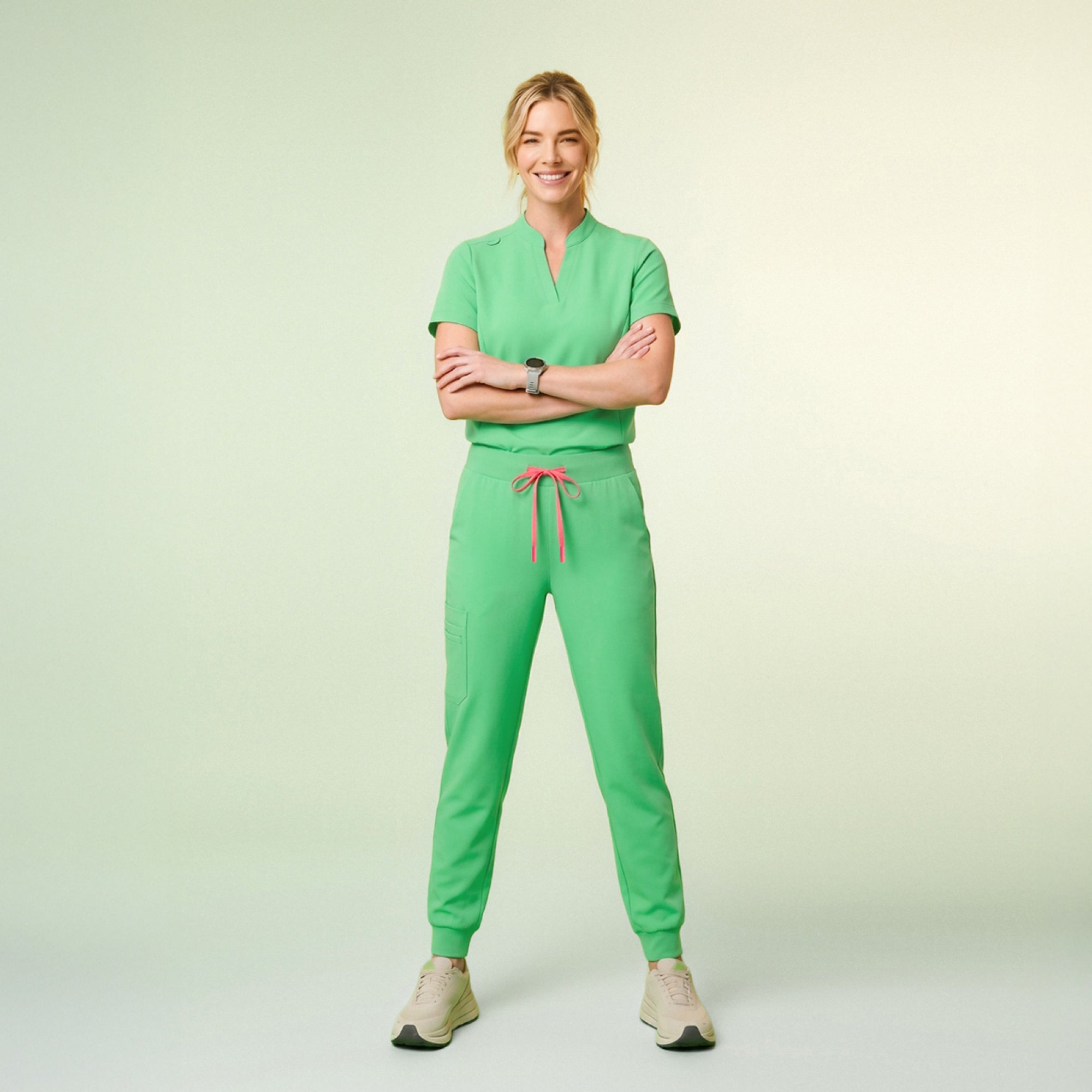 Image of Zenir | Women's Soft Stretch Notched Scrub Top - Pistachio Green