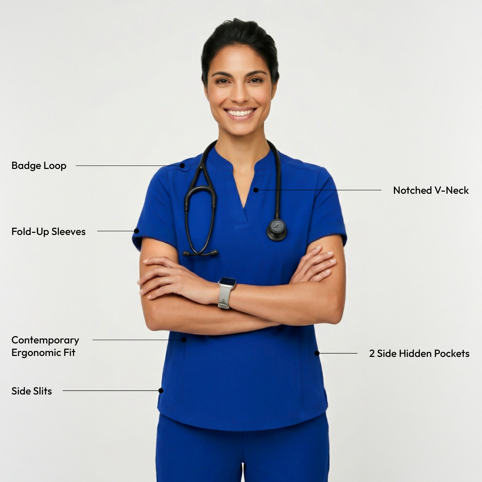 Image of Zenir | Women's Soft Stretch Notched Scrub Top - Royal Blue