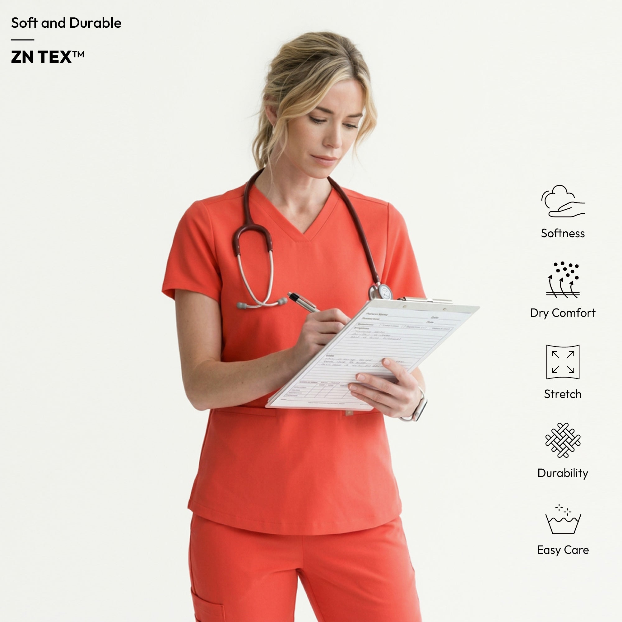 Image of The Tiger Orange Double Pocket Scrub Top highlights a flattering V-neck design with a cheerful orange tone.