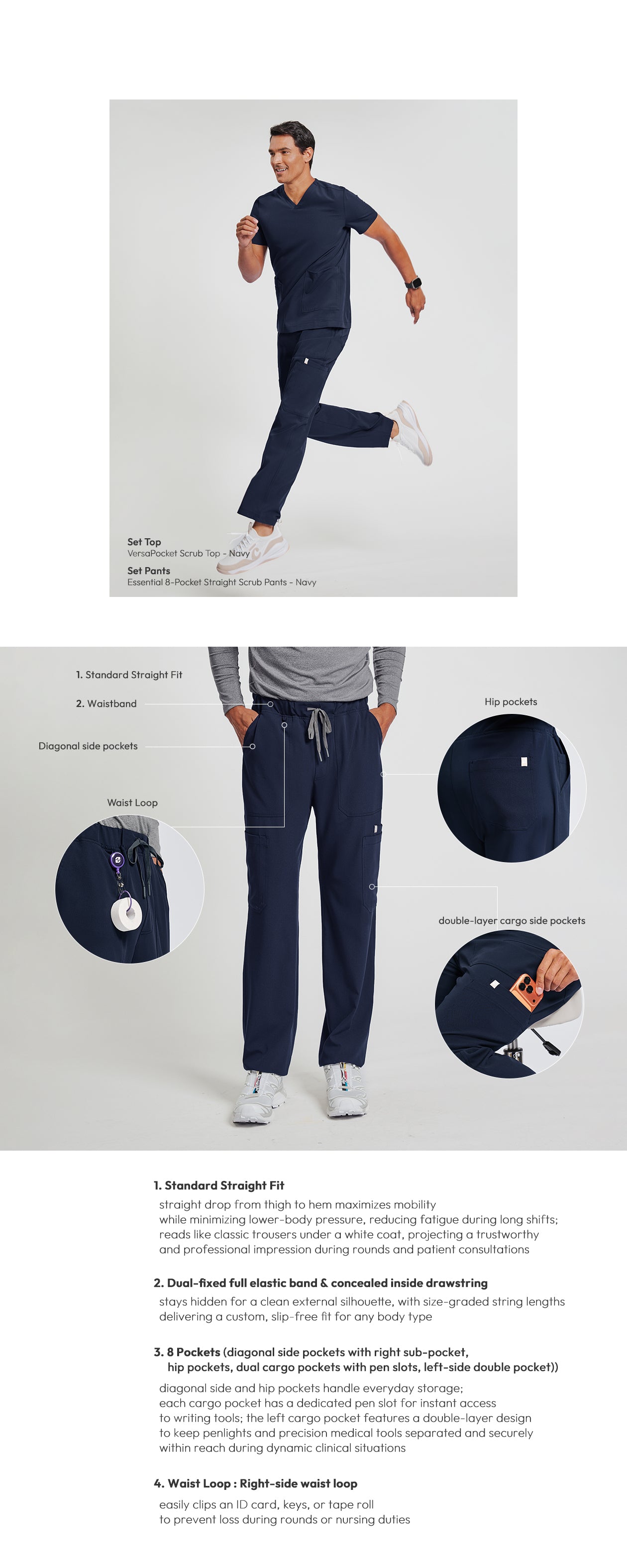 Zenir | Men's Essential 8-Pocket Straight Scrub Pants - Navy