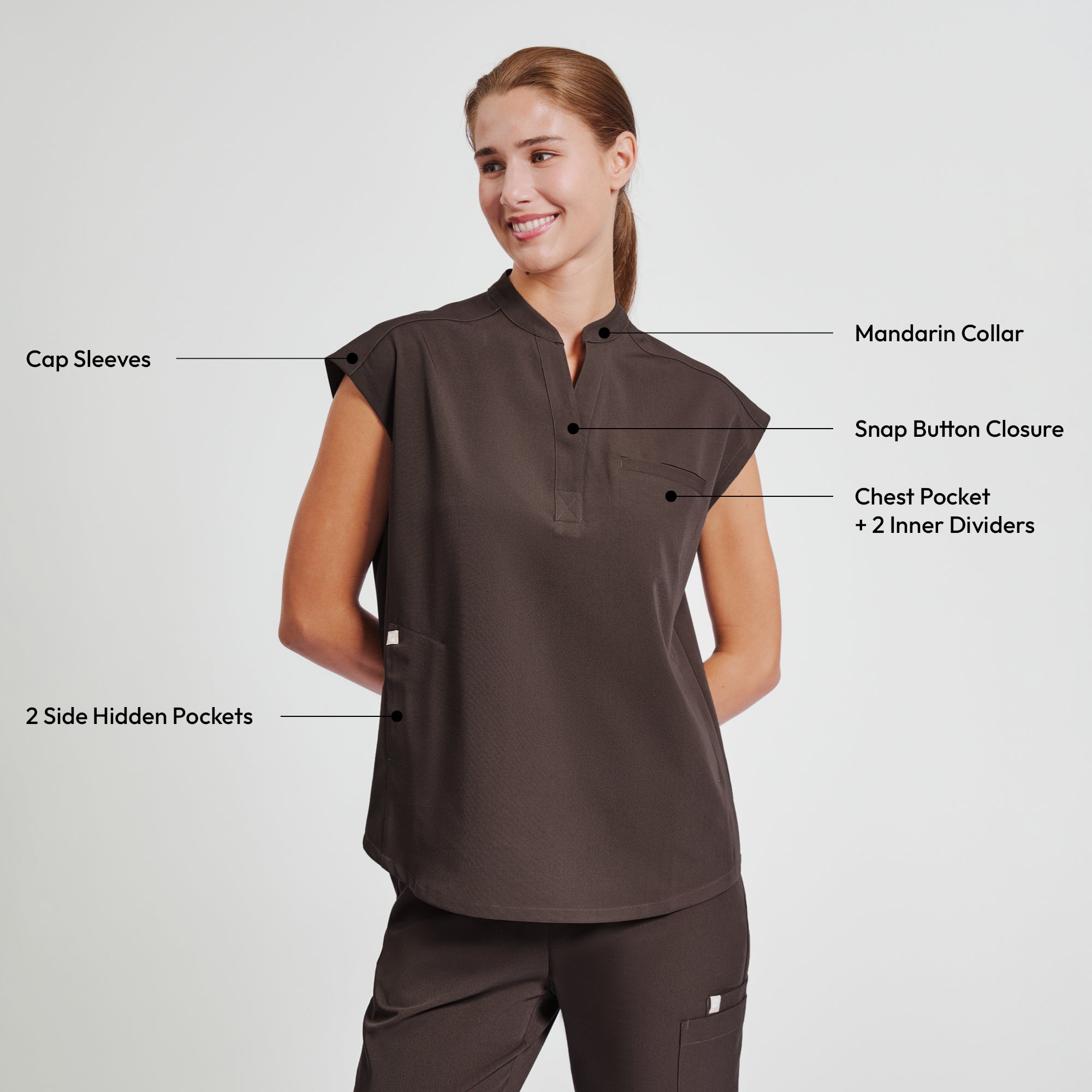 Image of Zenir | Women's Mandarin Collar Scrub Top - Brown