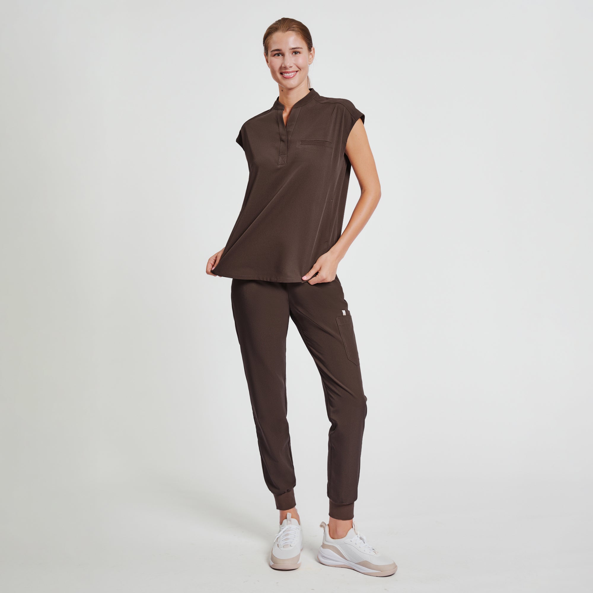 Image of Zenir | Women's Mandarin Collar Scrub Top - Brown