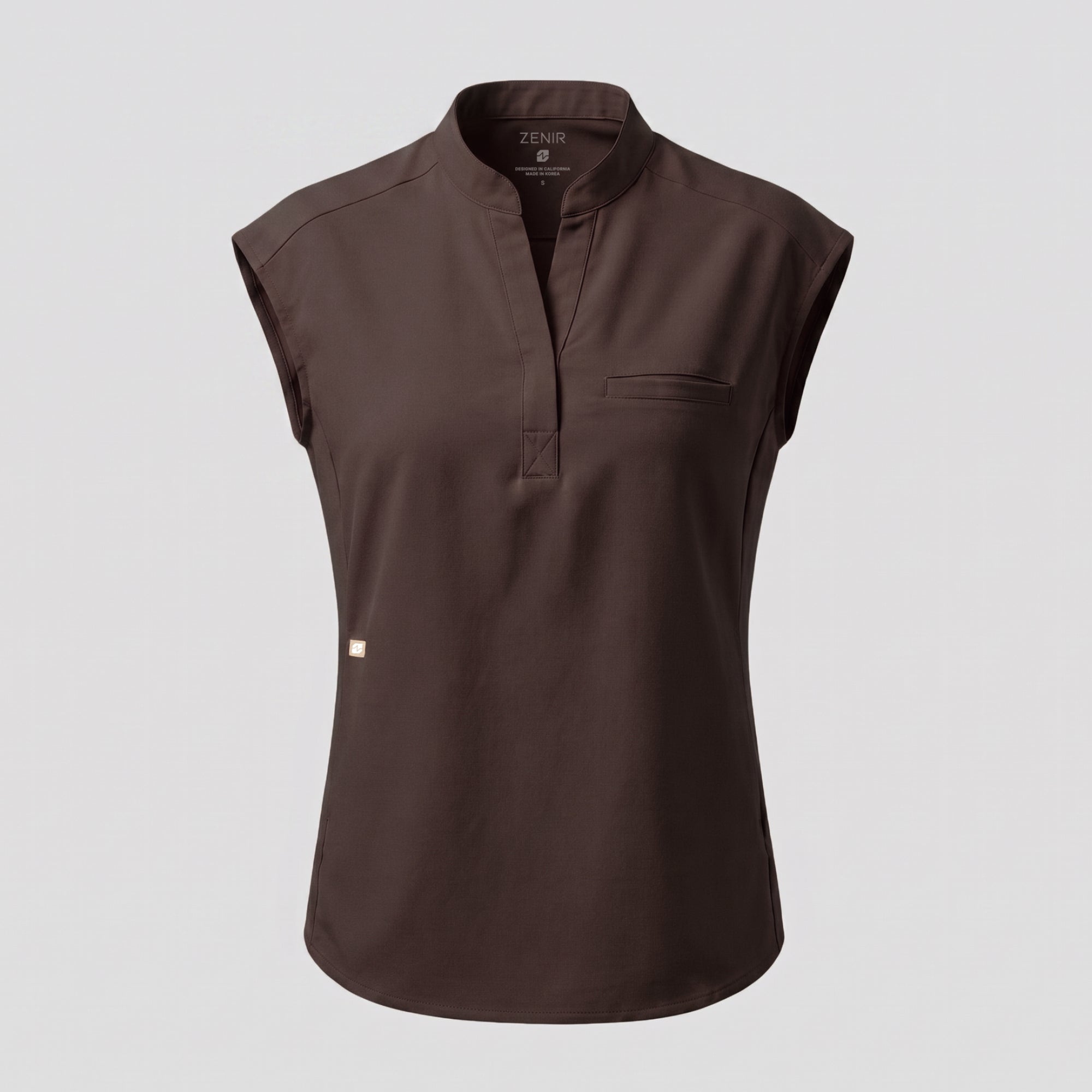 Image of Zenir | Women's Mandarin Collar Scrub Top - Brown