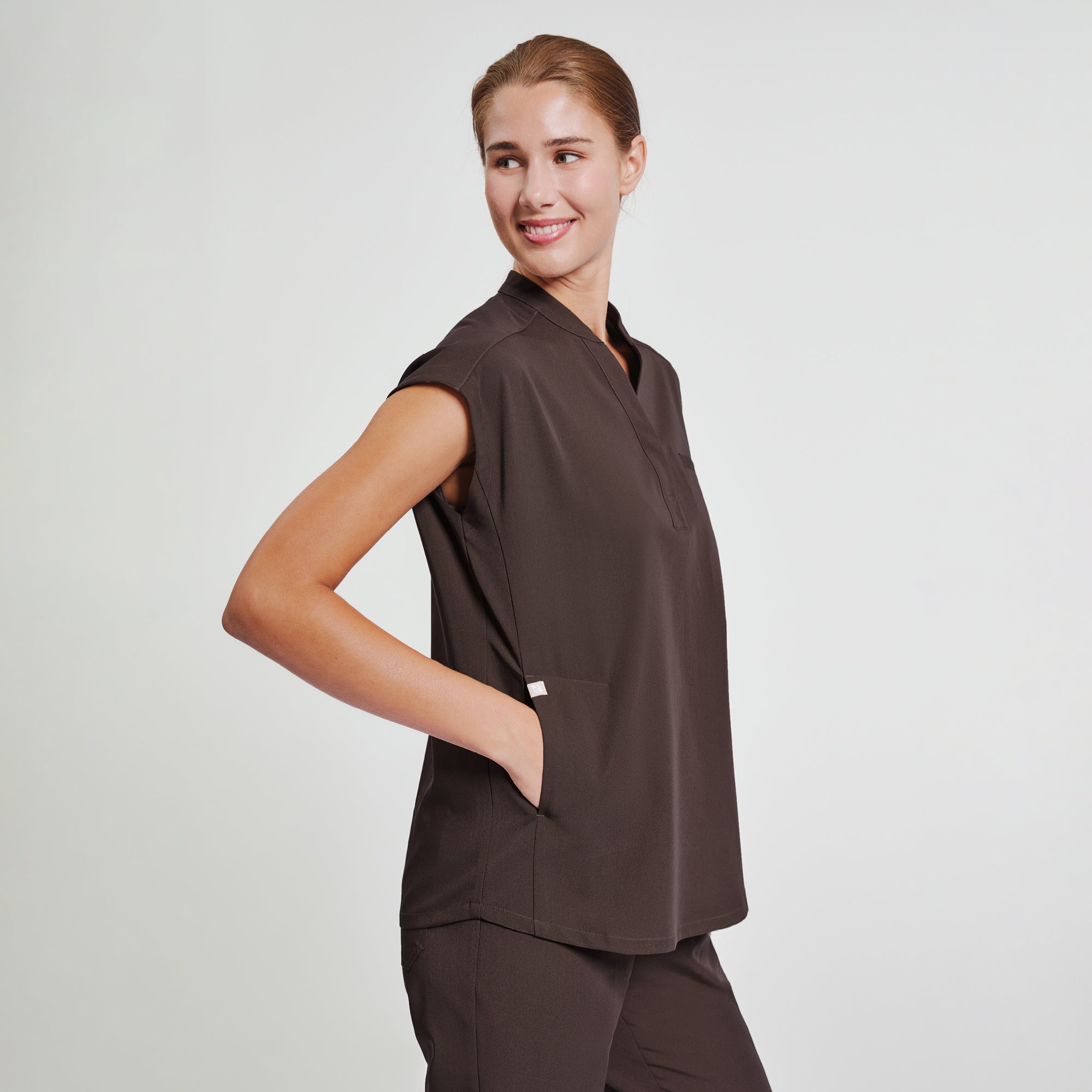 Image of Zenir | Women's Mandarin Collar Scrub Top - Brown