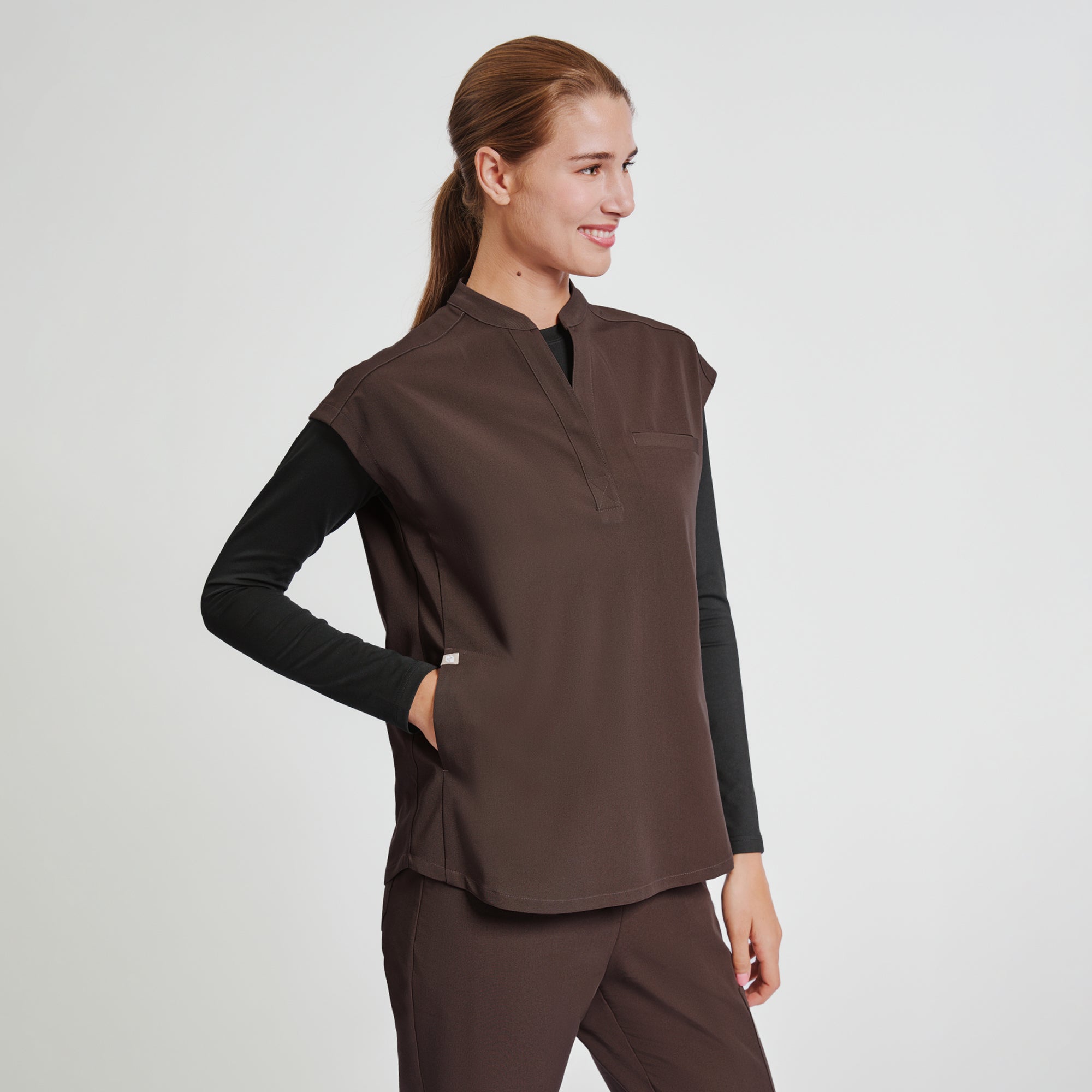 Image of Zenir | Women's Mandarin Collar Scrub Top - Brown