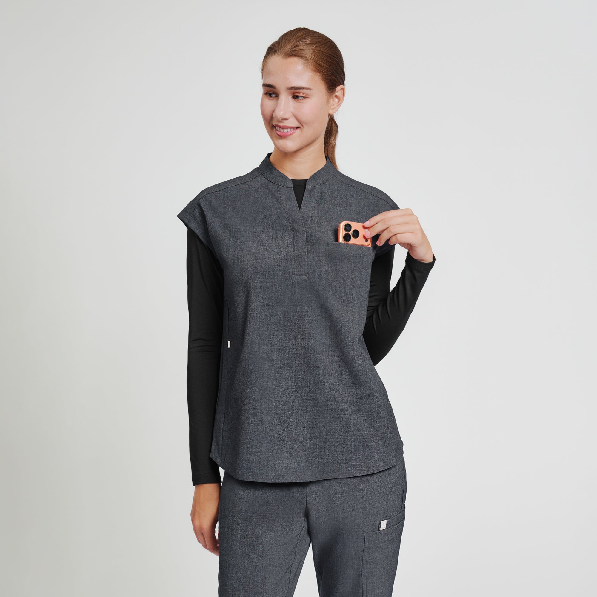 Image of Zenir | Women's Mandarin Collar Scrub Top - Charcoal Gray