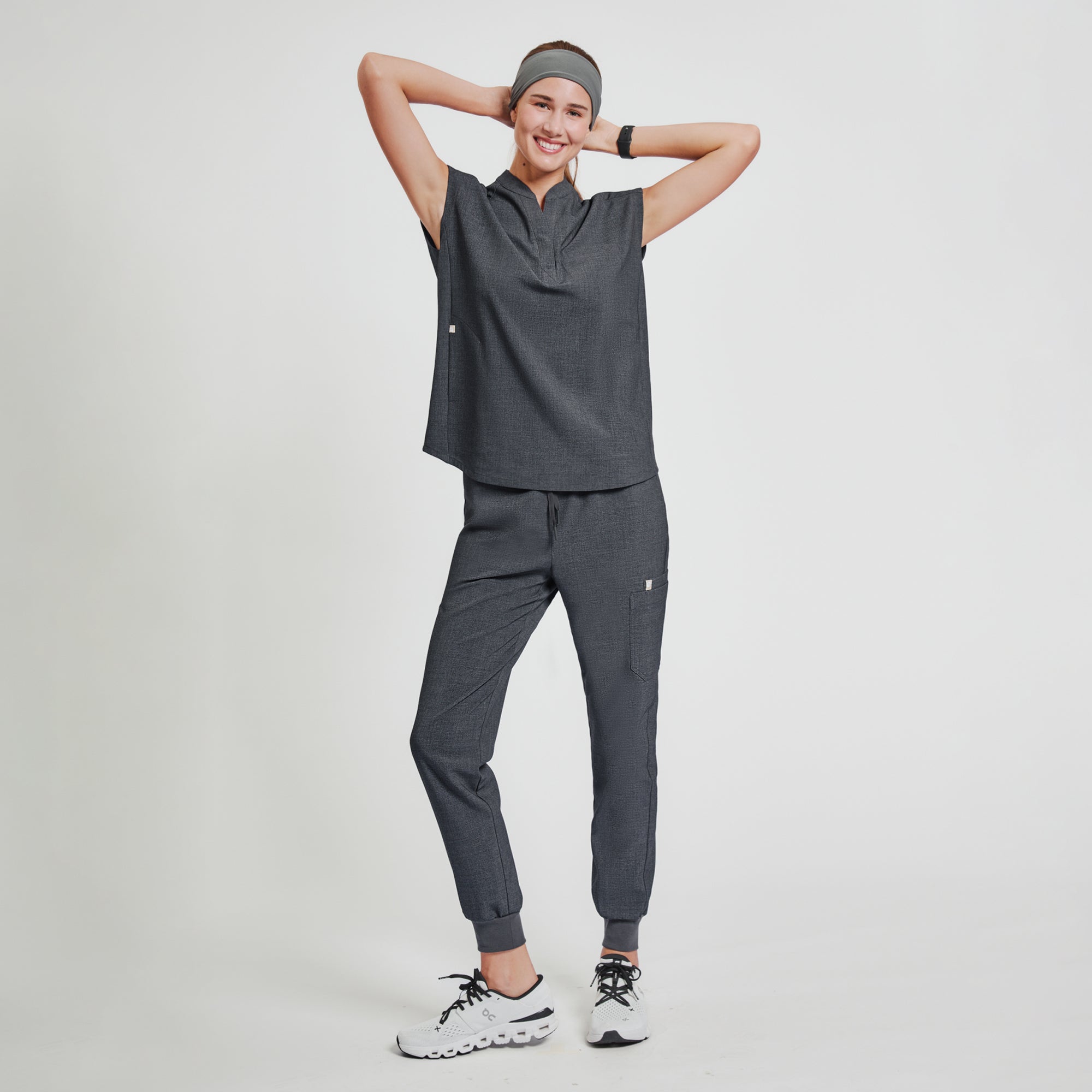 Image of Zenir | Women's Mandarin Collar Scrub Top - Charcoal Gray