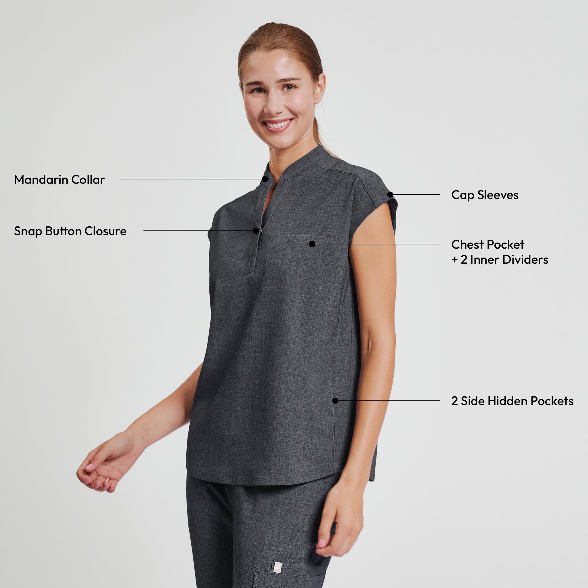 Image of Zenir | Women's Mandarin Collar Scrub Top - Charcoal Gray