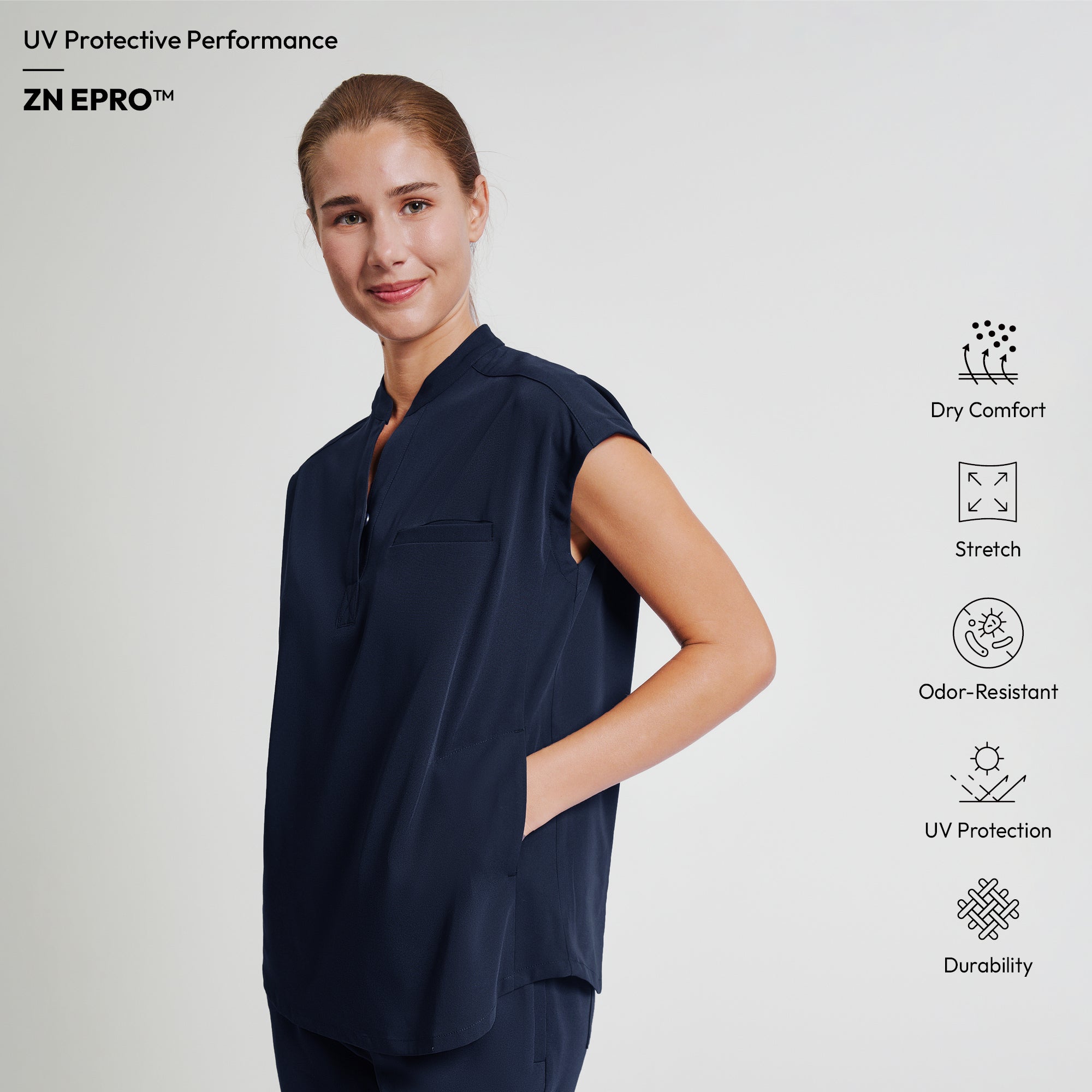 Image of Zenir | Women's Mandarin Collar Scrub Top - Navy