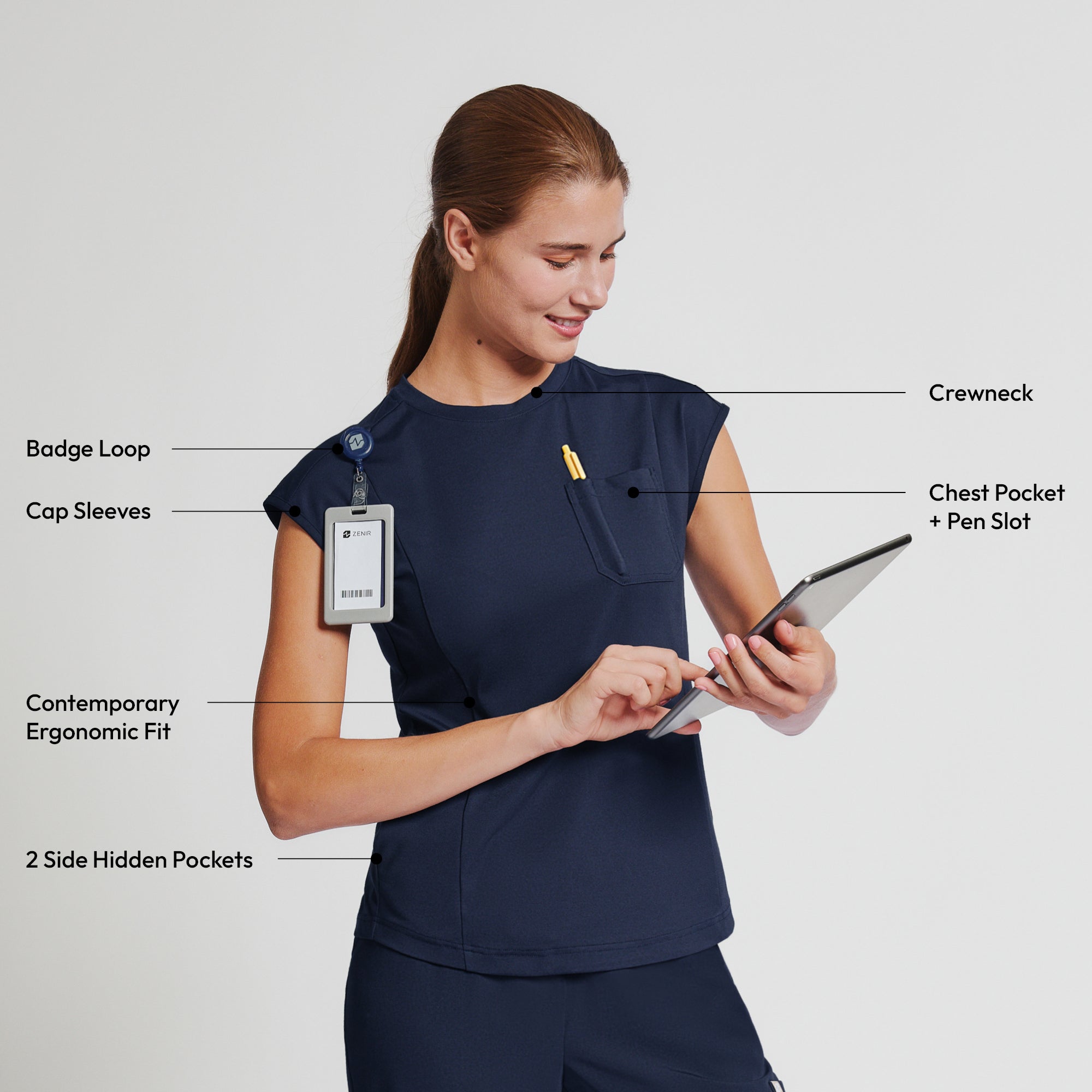 Image of Zenir | Women's Soft Stretch Crewneck Scrub Top - Navy